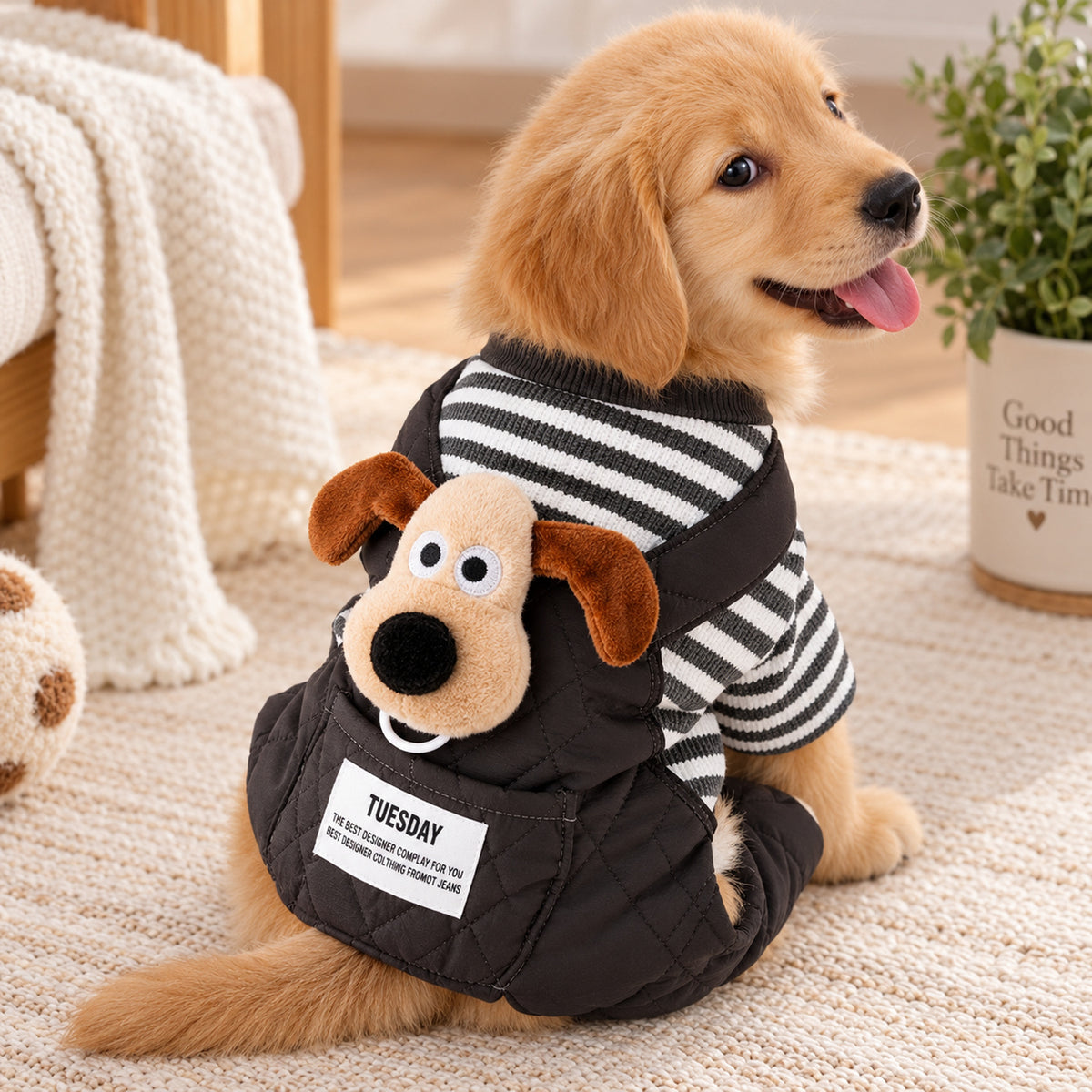 Dog Jumper | Cotton Dungaree Outfit with Striped Sleeves & Plush Animal Detail