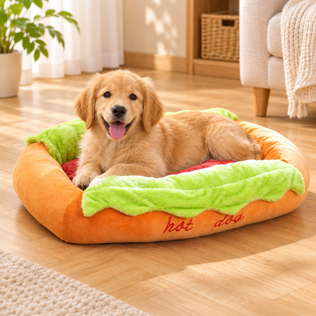 Dog Bed & Cat Bed | Hot Dog Design | Soft Plush, Washable Cushion Cover