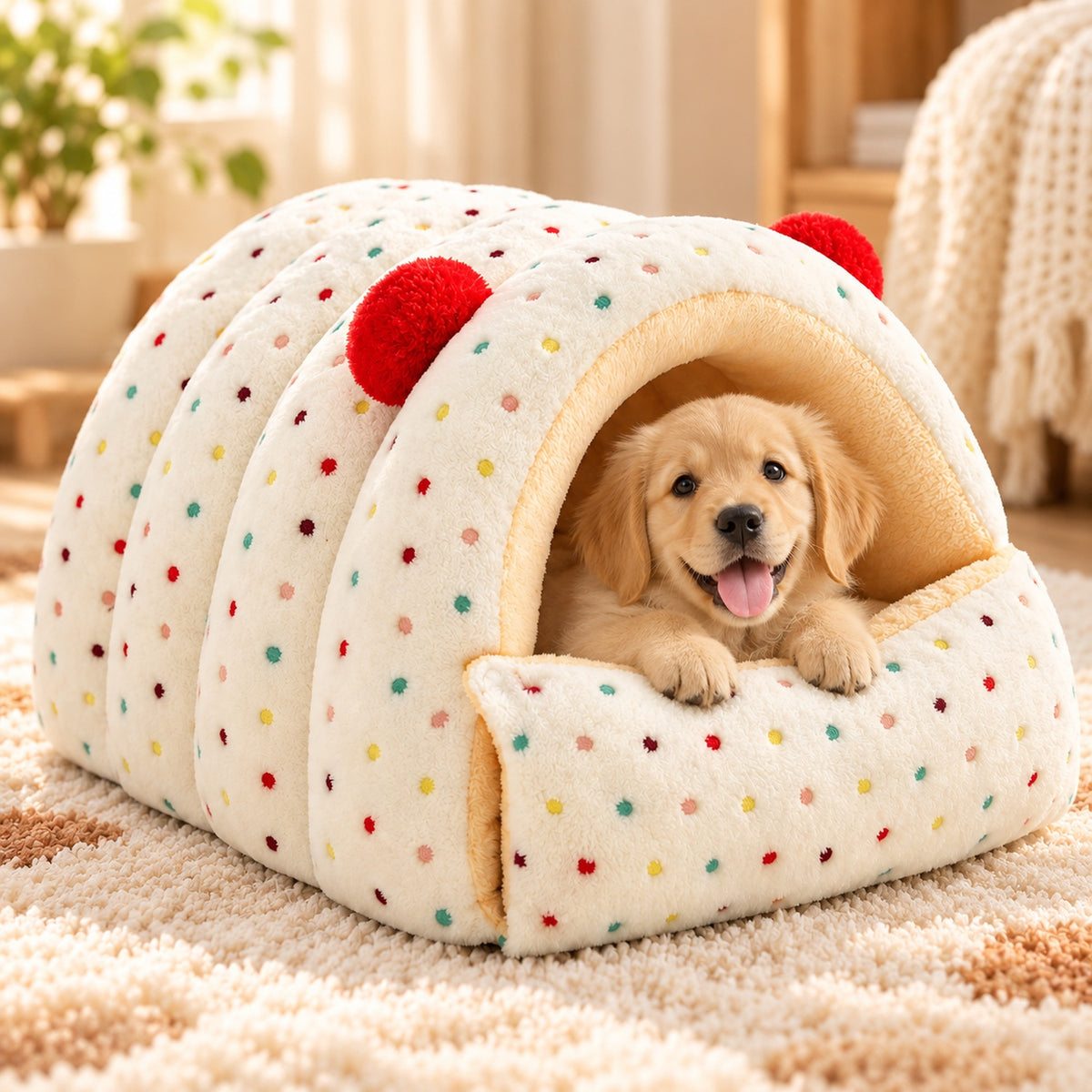 Dog Bed & Cat Bed | Cuddle Cabin Plush Cave | Removable Cushion & Fold-Down Front