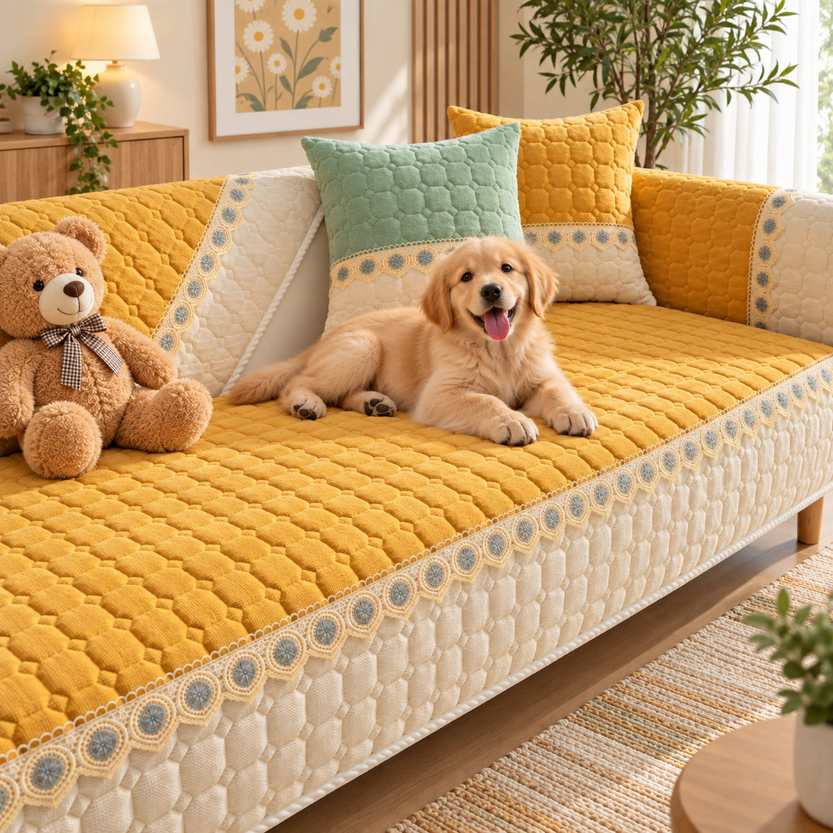 Honeycomb Sofa Cover | Quilted Corduroy | Non-Slip Washable Sofa Protector