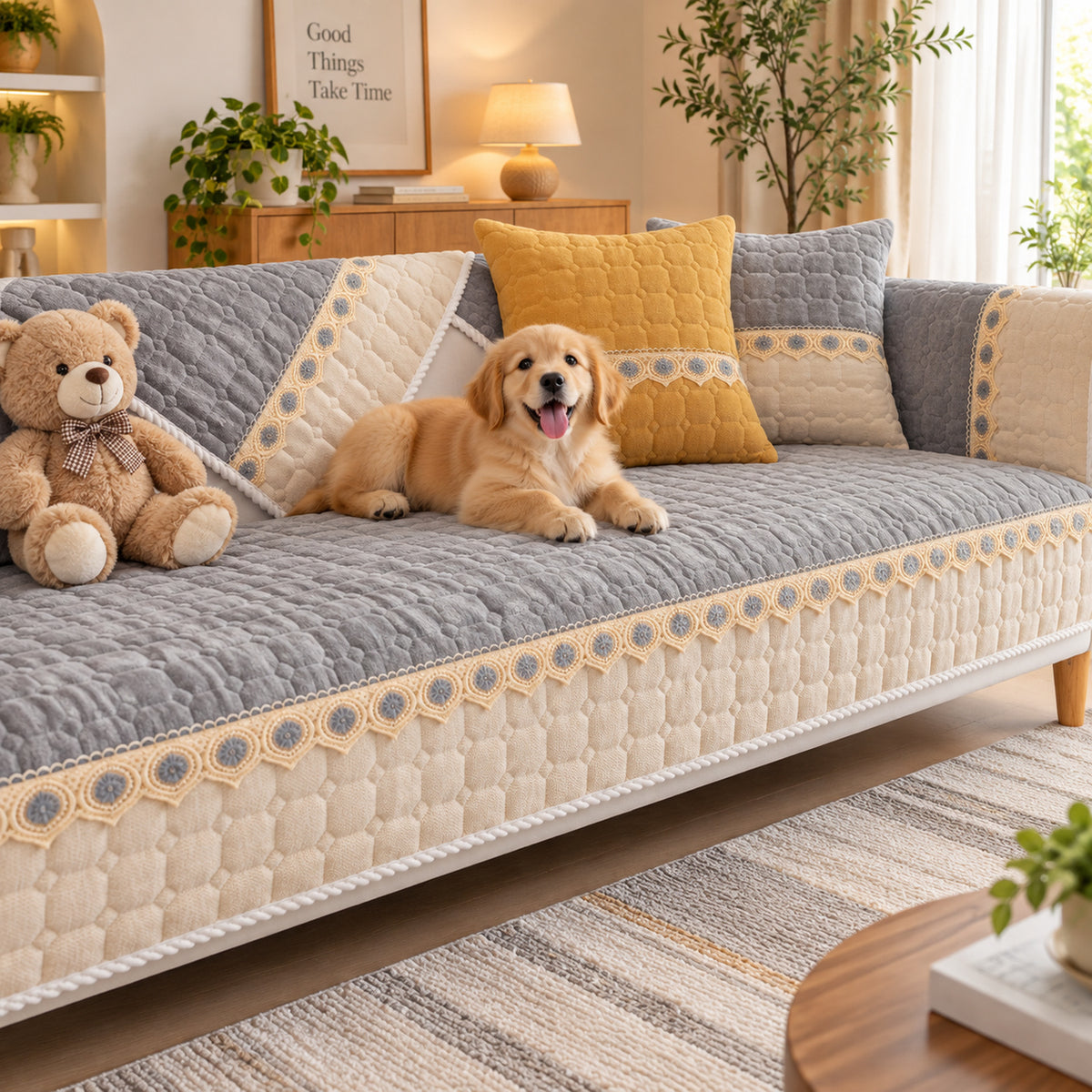 Honeycomb Sofa Cover | Quilted Corduroy | Non-Slip Washable Sofa Protector