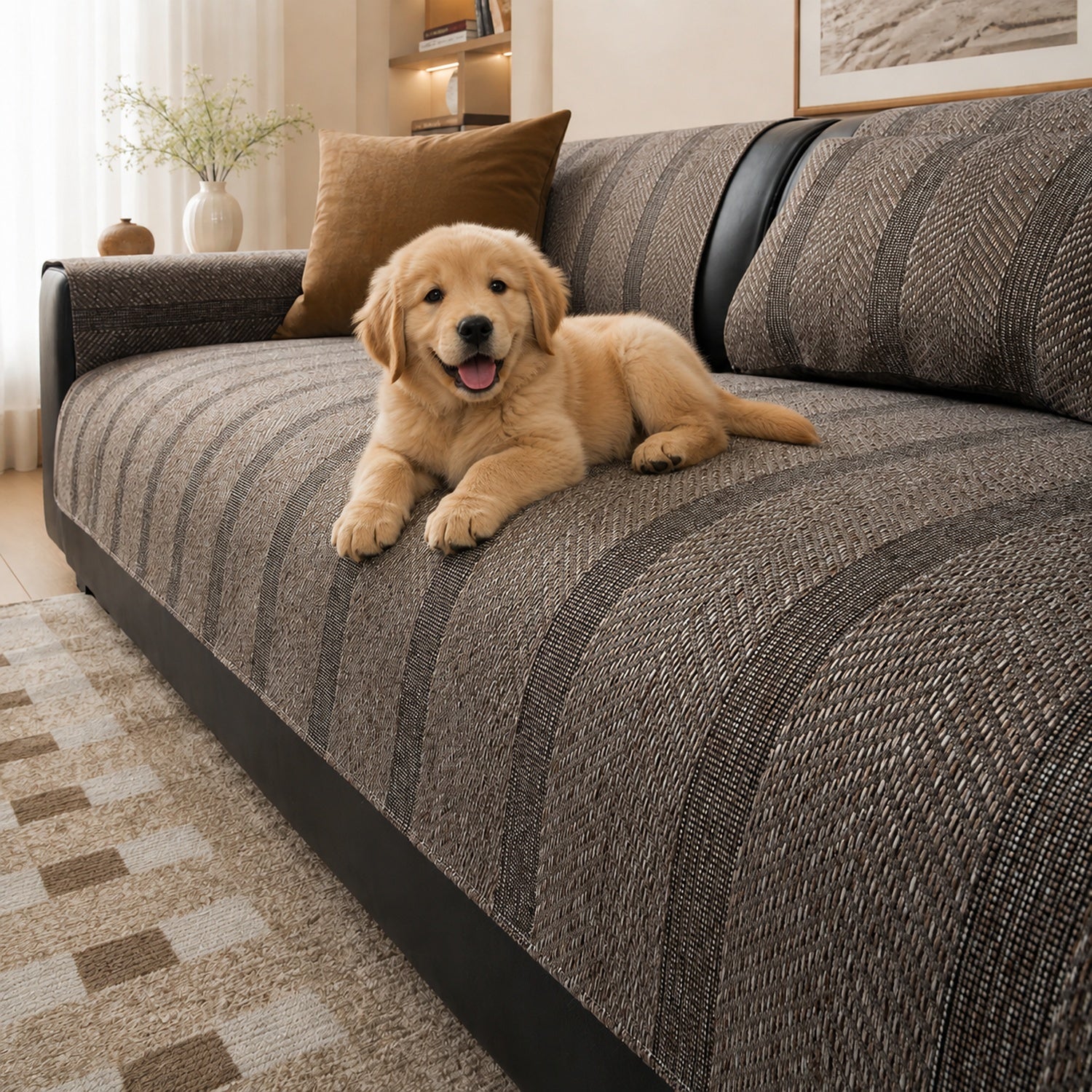 Herringbone Faux Linen Sofa Protector | Breathable Non-Slip Washable Cover
