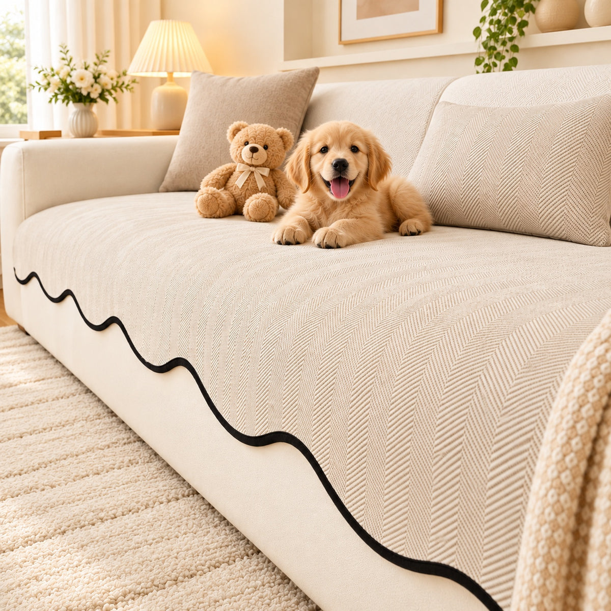 Sofa Cover | Non-Slip Chenille Sofa Protector | Herringbone Pattern with Scalloped Edges