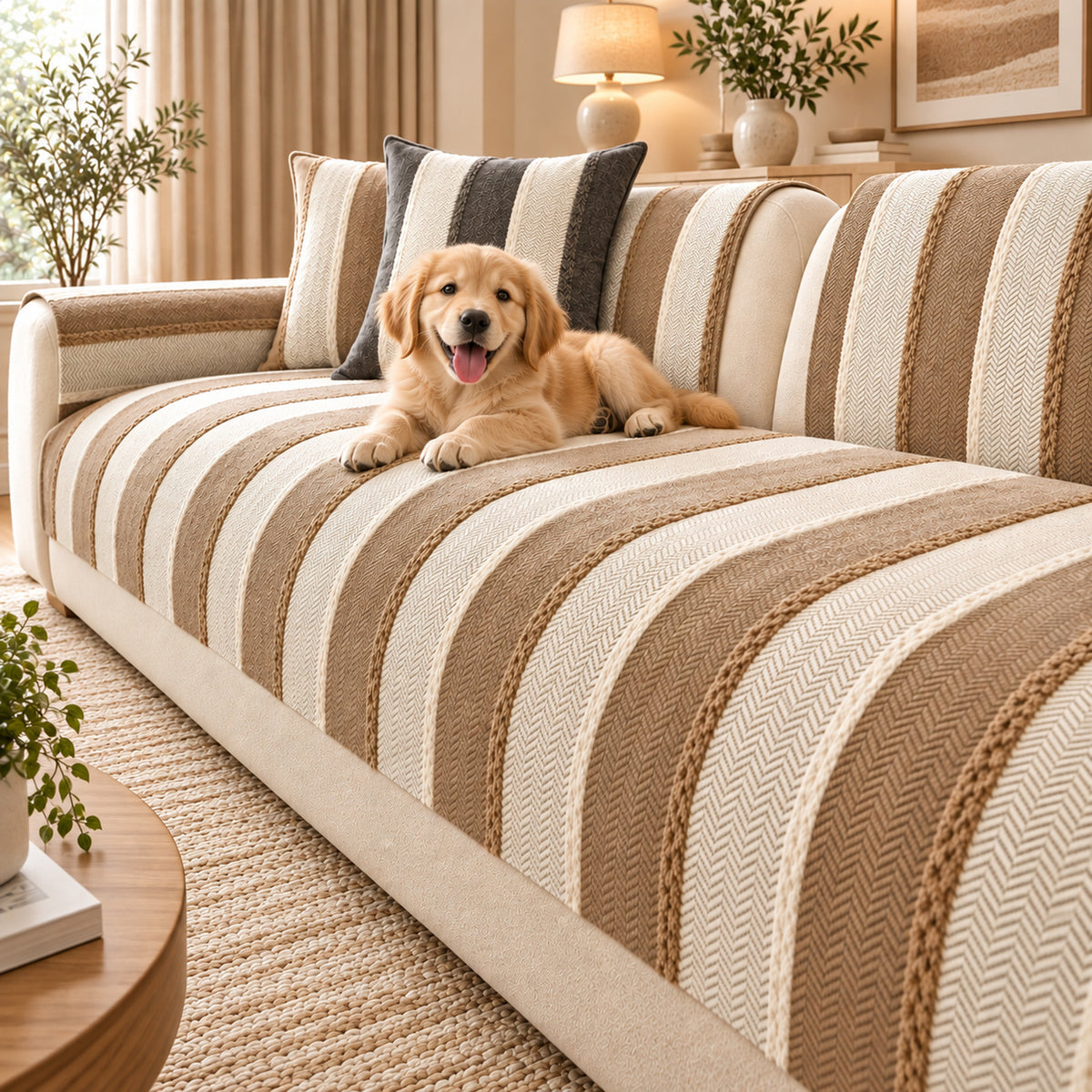 Vintage Striped Sofa Cover | Soft Chenille | Non-Slip, Machine Washable