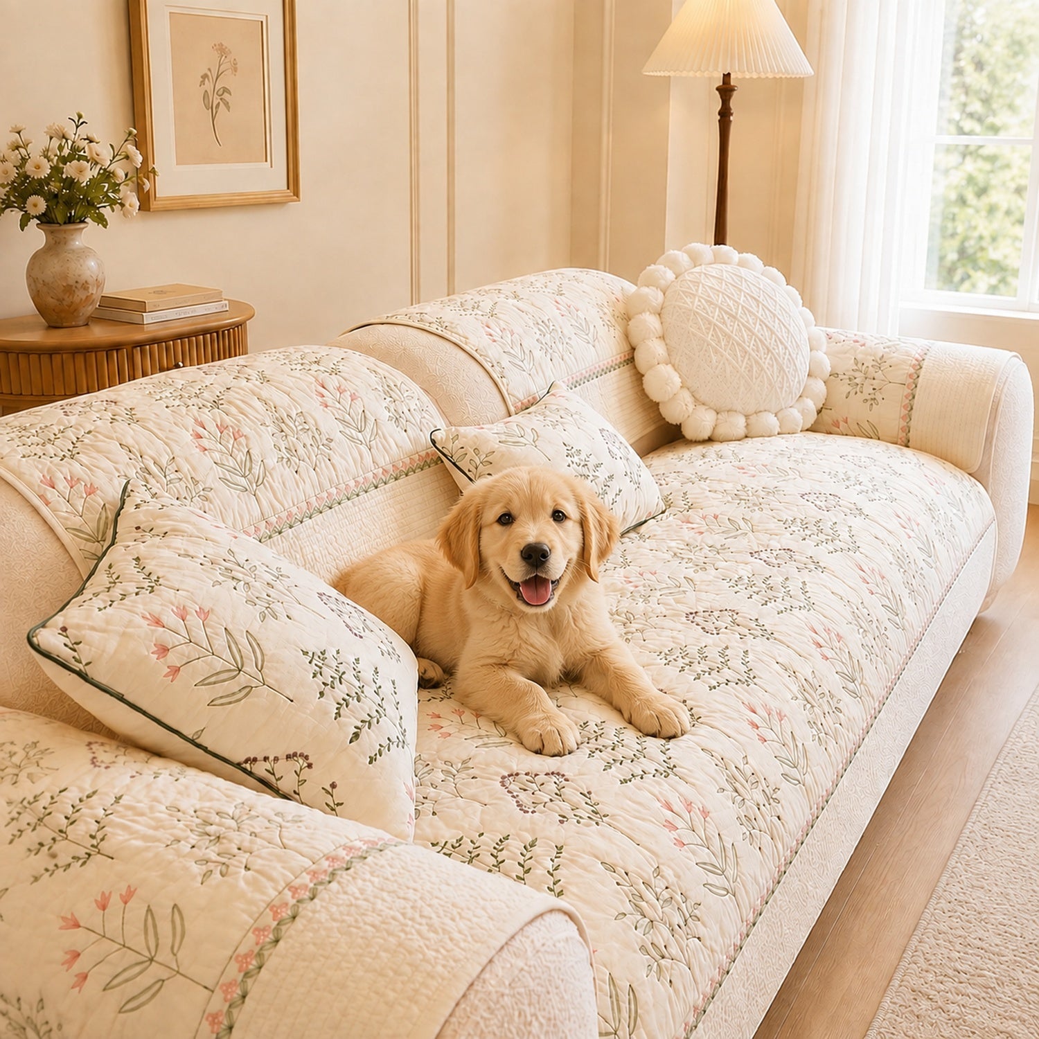 Wildflower Cotton Sofa Protector | Non-Slip Washable All-Season Cover