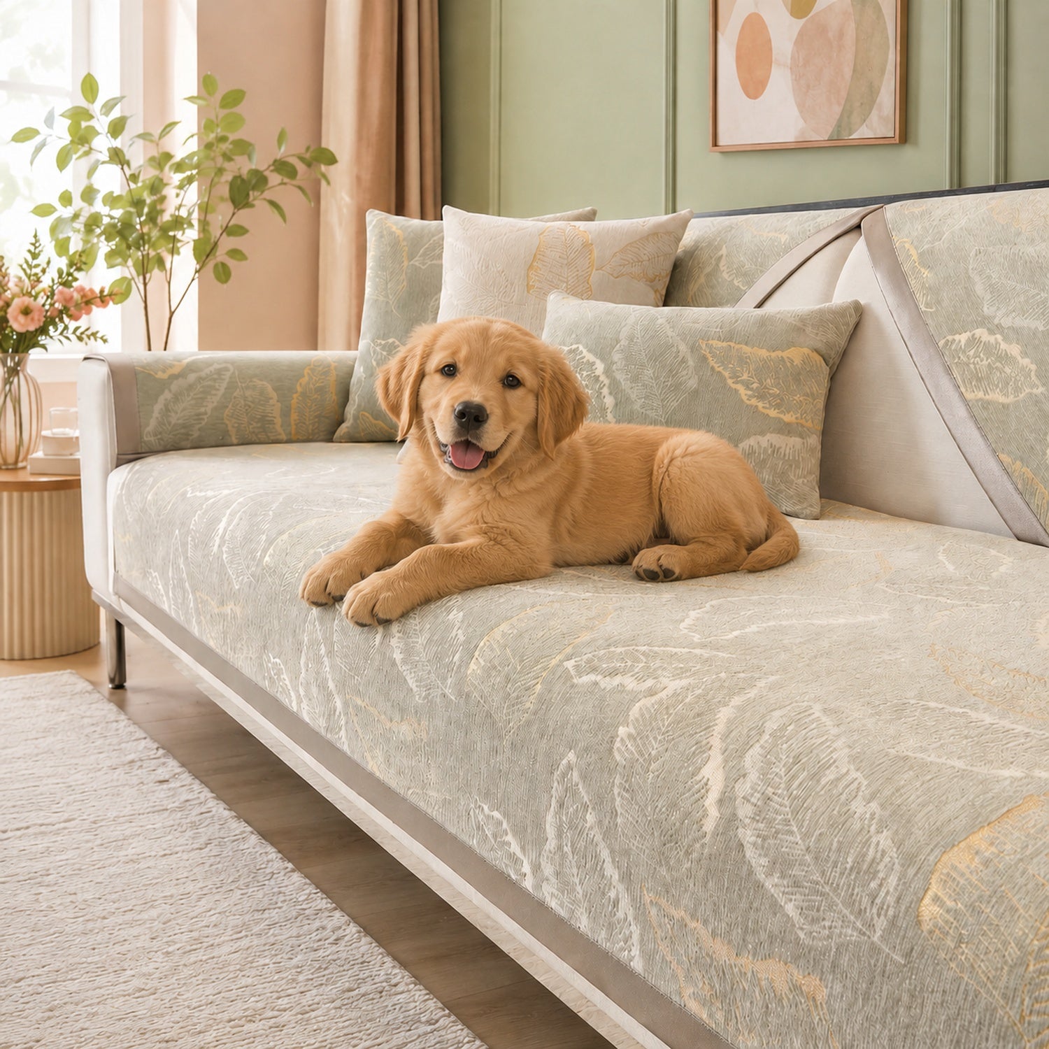 Gilded Leaf Sofa Protector | Chenille Jacquard Non-Slip Washable Cover