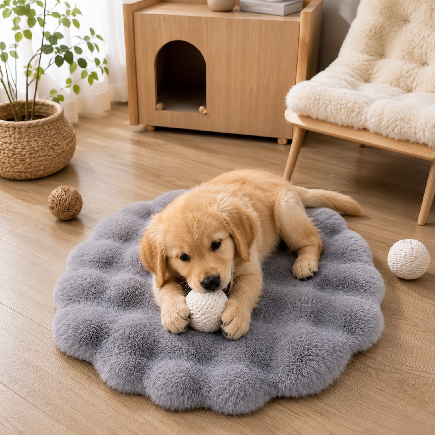 Flower Pet Mat | Thick Plush Round Bed | Washable Anti-Slip Cushion for Cats & Dogs