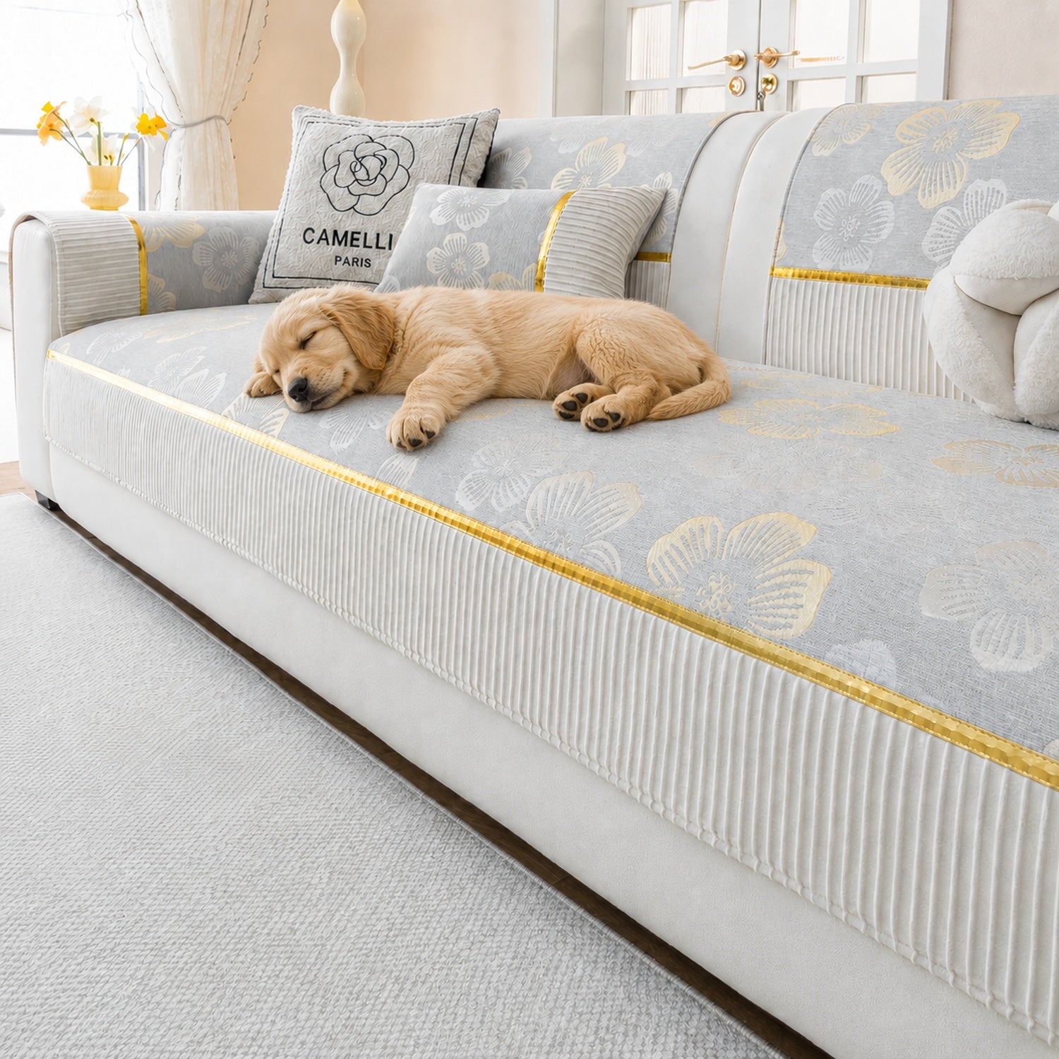 Golden Camellia Jacquard Sofa Cover | Chenille Anti-Slip Washable | Pet Protector