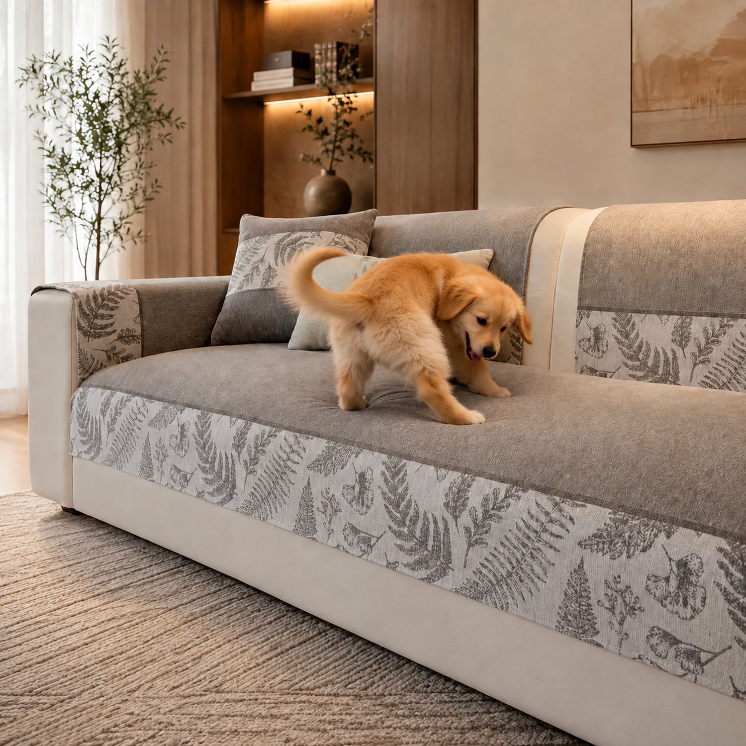 Botanical Chenille Sofa Protector | Breathable Non-Slip Washable Cover