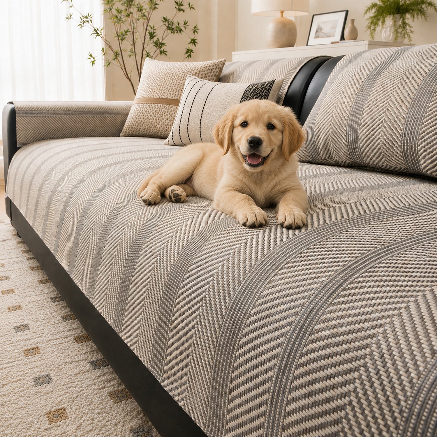 Herringbone Faux Linen Sofa Protector | Breathable Non-Slip Washable Cover