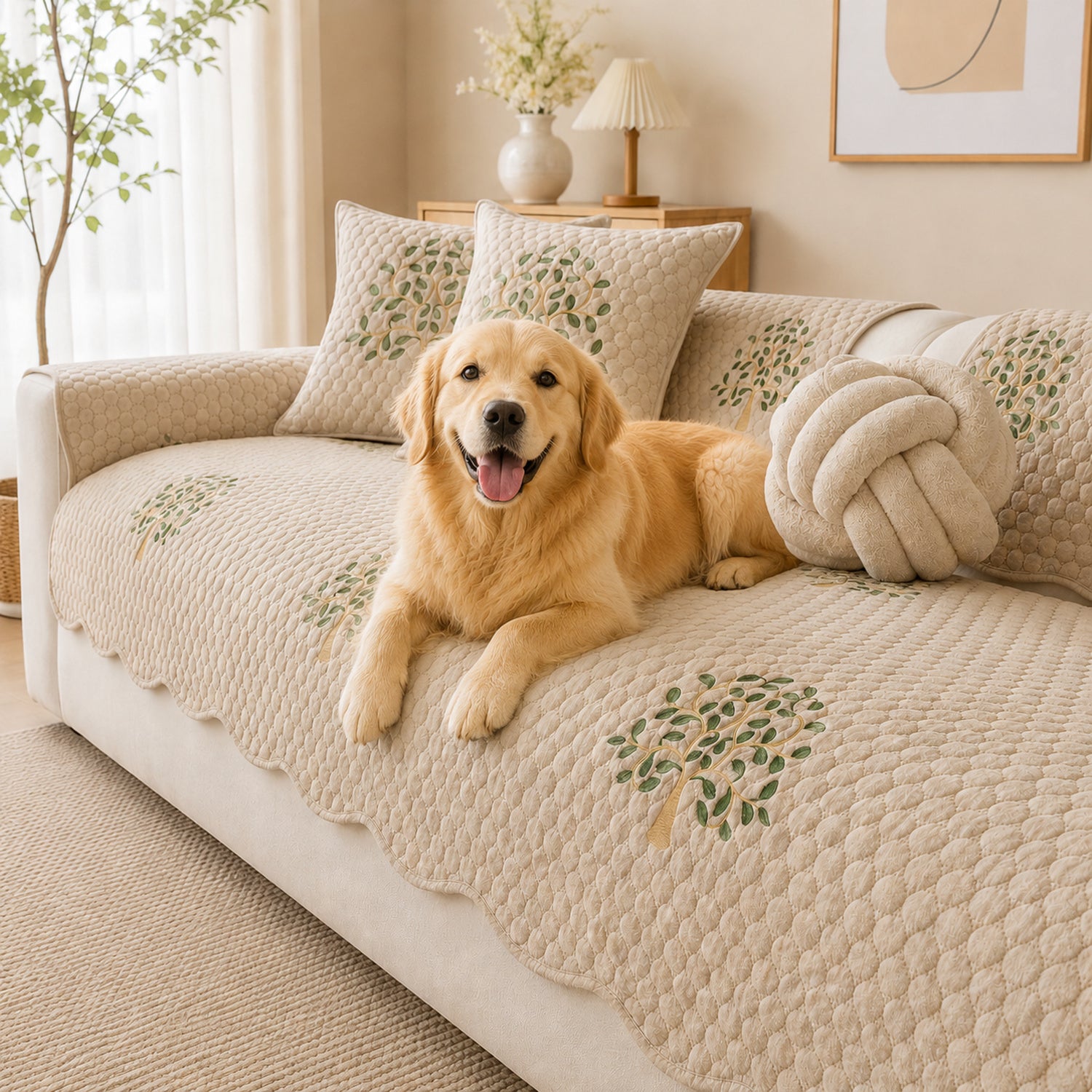 Tree Embroidered Cotton Sofa Protector | Quilted Non-Slip Machine Washable Cover