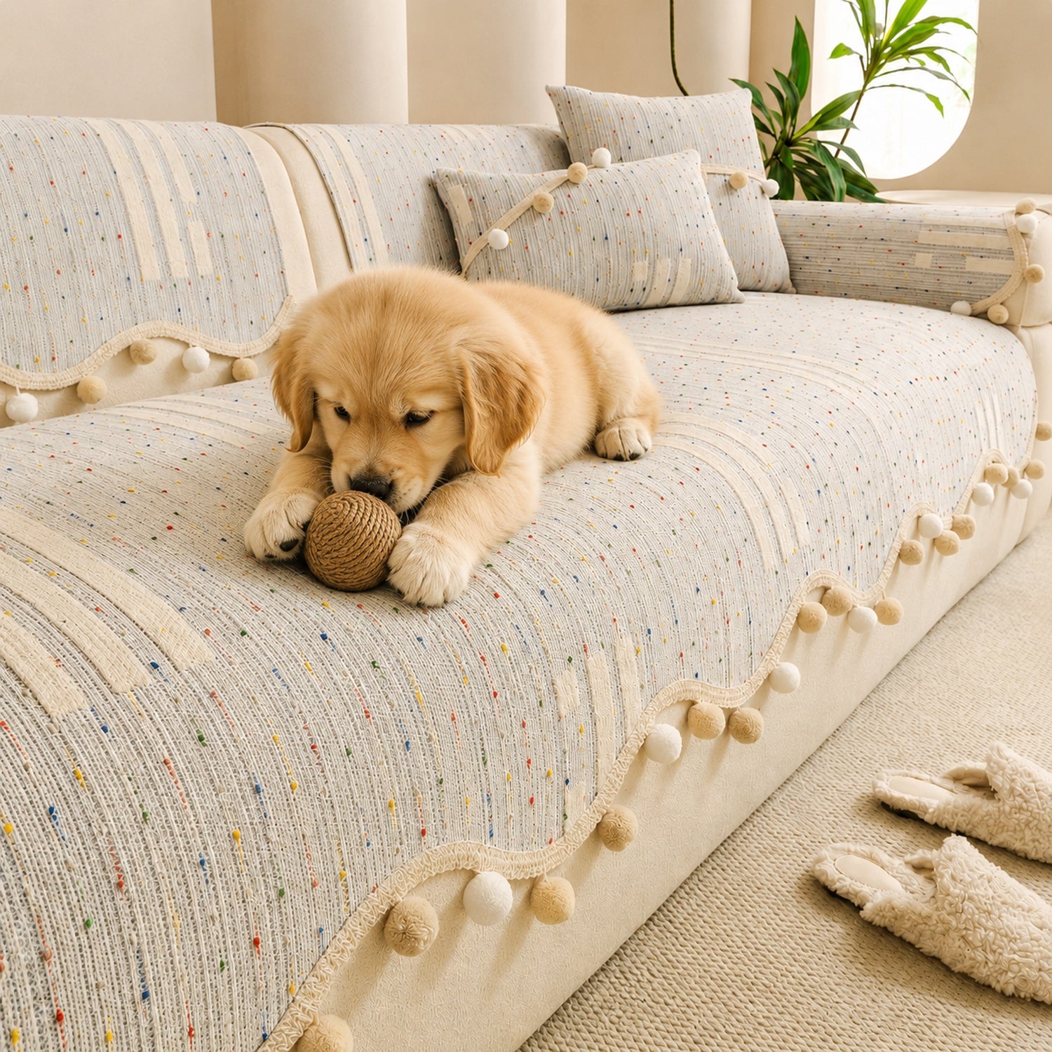 Confetti Pom-Pom Sofa Cover | Chenille | Washable Anti-Slip Sofa Protector