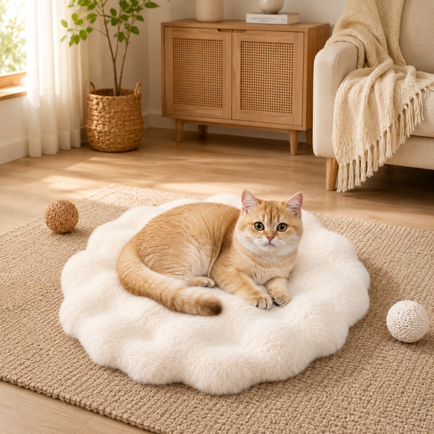 Flower Pet Mat | Thick Plush Round Bed | Washable Anti-Slip Cushion for Cats & Dogs