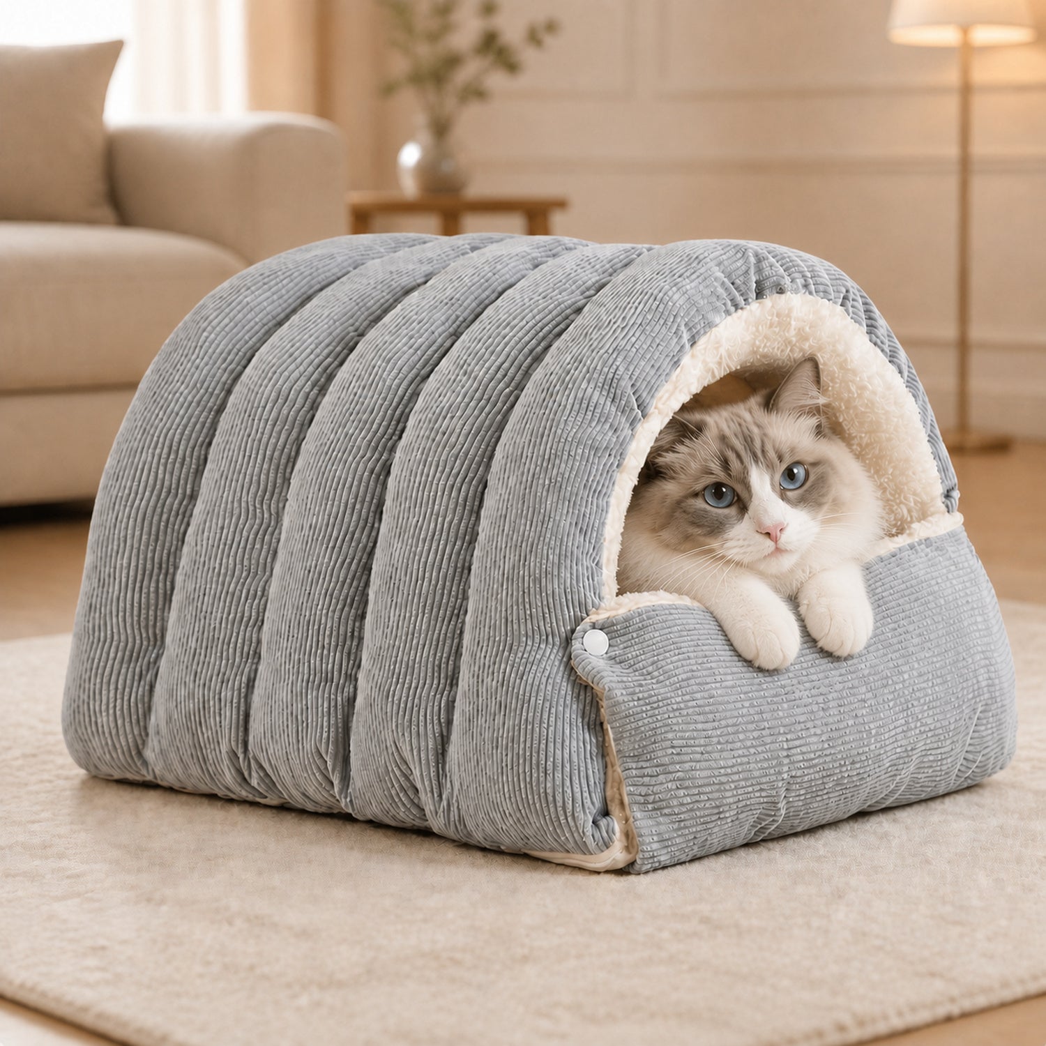 Cosy Tunnel Cat Bed | Warm Corduroy | Removable Washable Hideaway