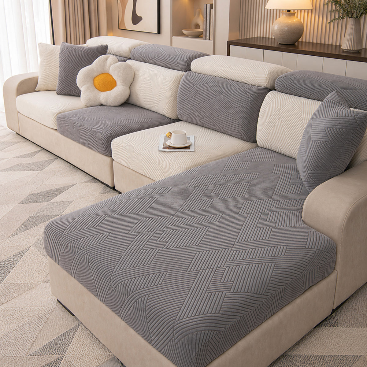 Geometric Stretch Sofa Protector | Full-Wrap Washable Cushion Cover