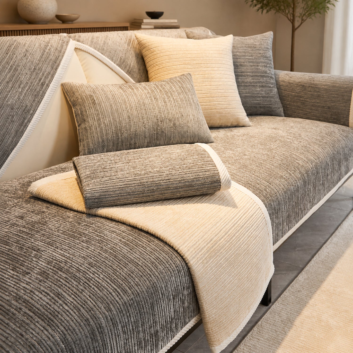Striped Chenille Sofa Cover | Anti-Scratch & Non-Slip | Pet Proof | Machine Washable | Woofing Deals