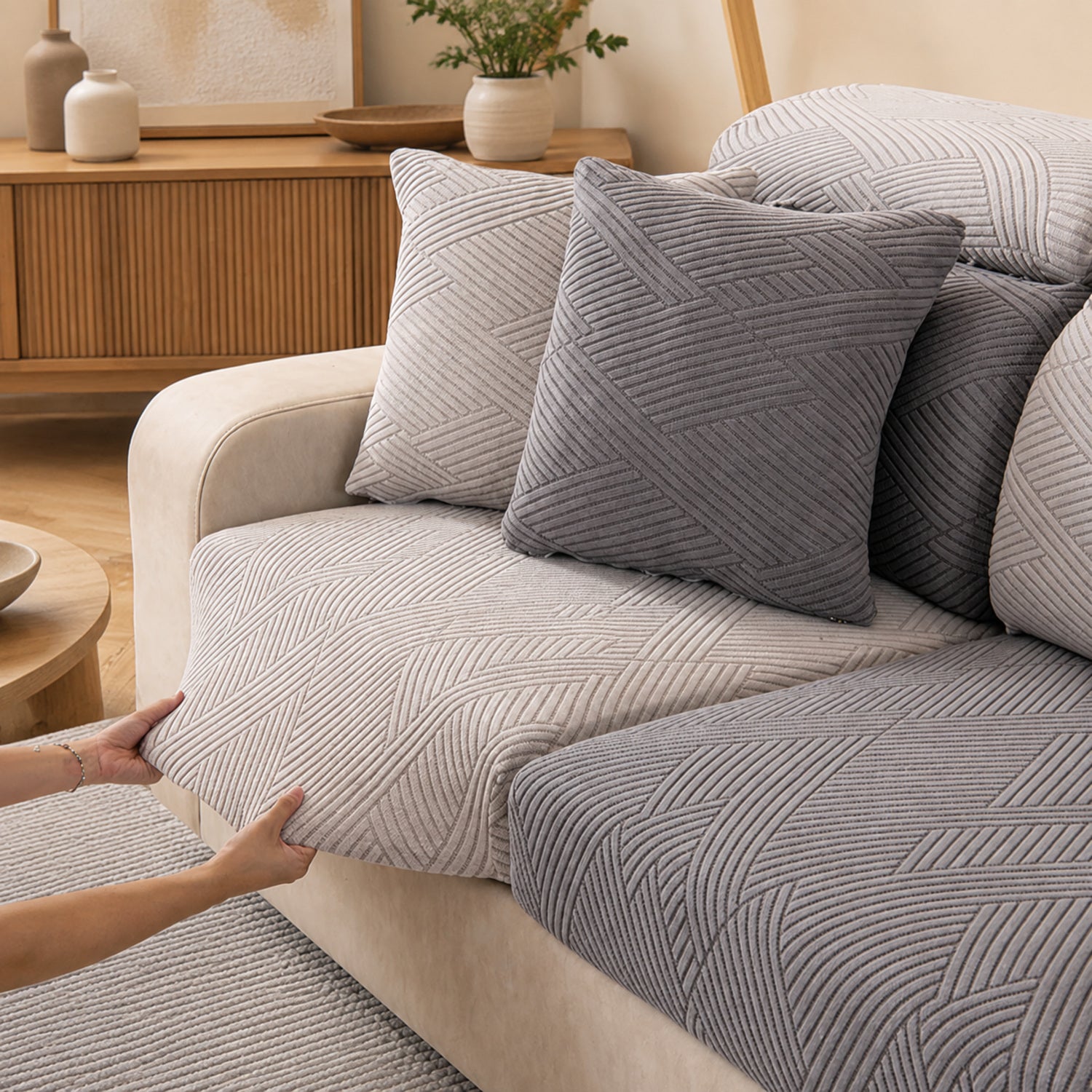 Geometric Stretch Sofa Protector | Full-Wrap Washable Cushion Cover