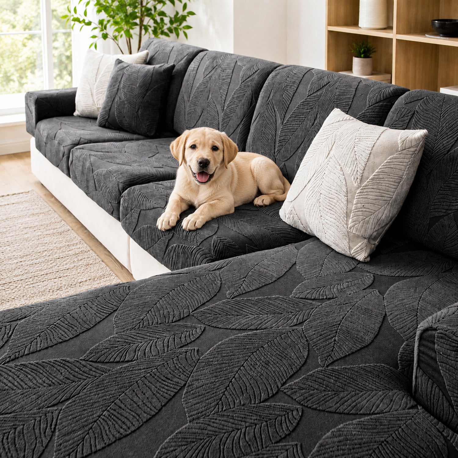 Modern Leaf Jacquard Sofa Cover | Waterproof Stretch Full Wrap | Anti-Scratch Protector | Woofing Deals