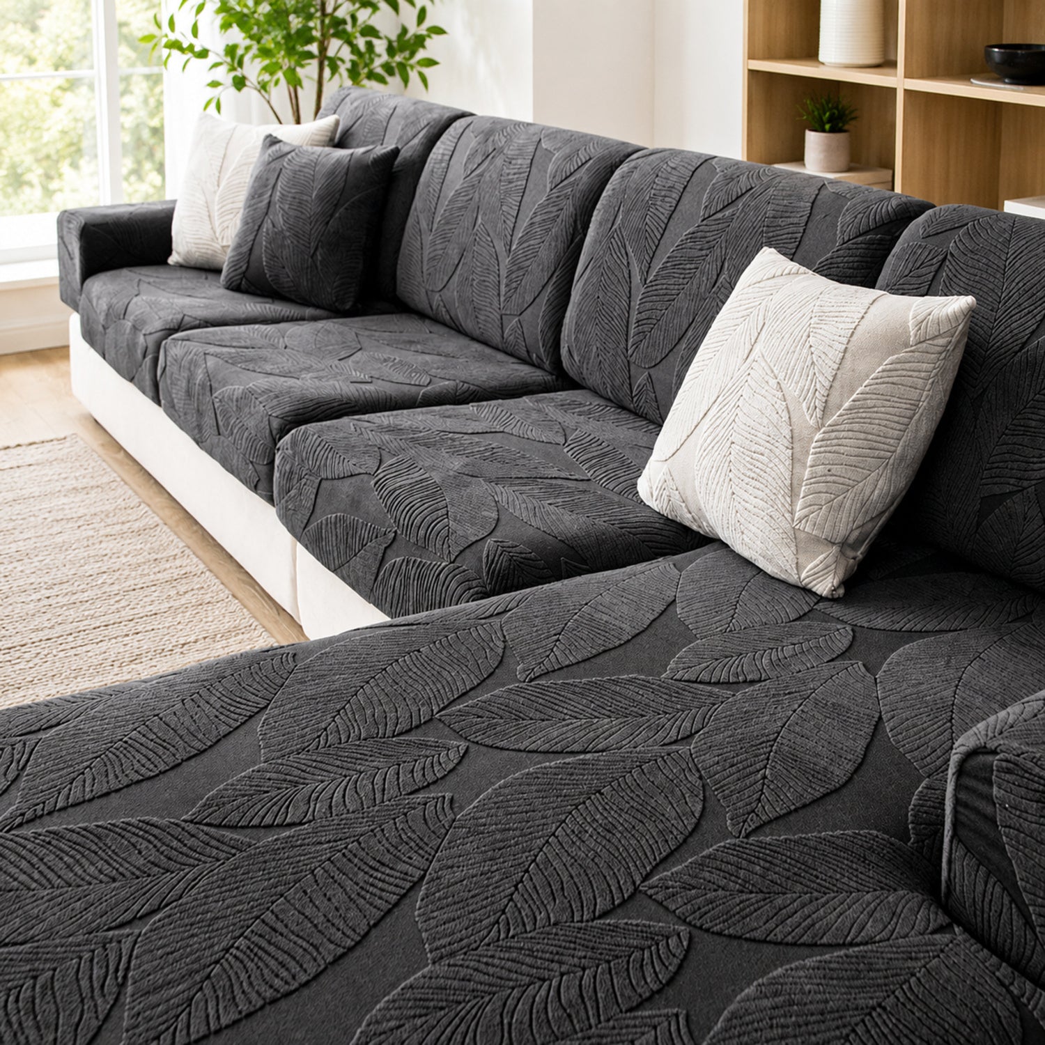 Modern Leaf Jacquard Sofa Cover | Waterproof Stretch Full Wrap | Anti-Scratch Protector | Woofing Deals