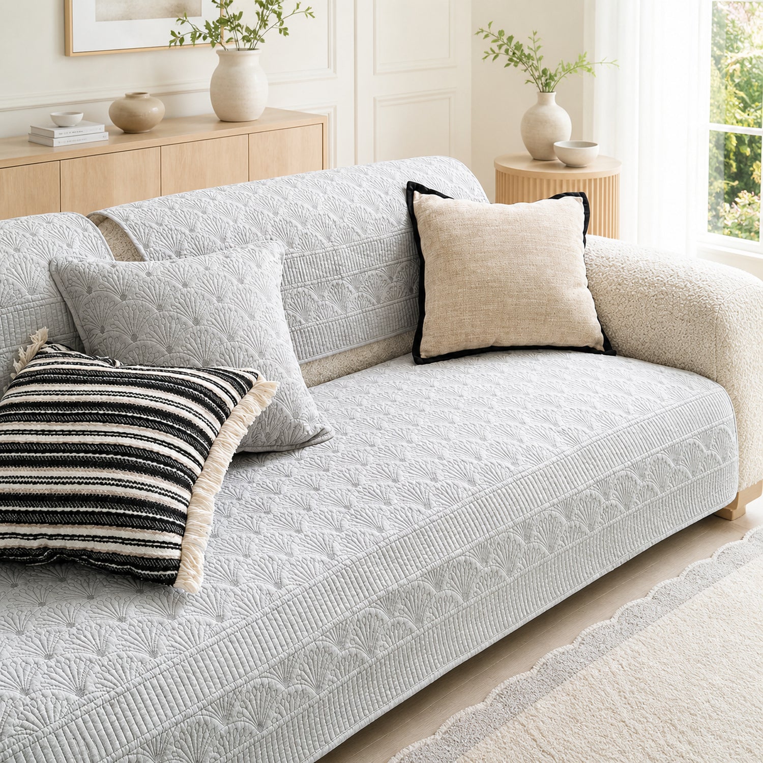 Fanleaf Cotton Sofa Protector | Embroidered Non-Slip Machine Washable Cover