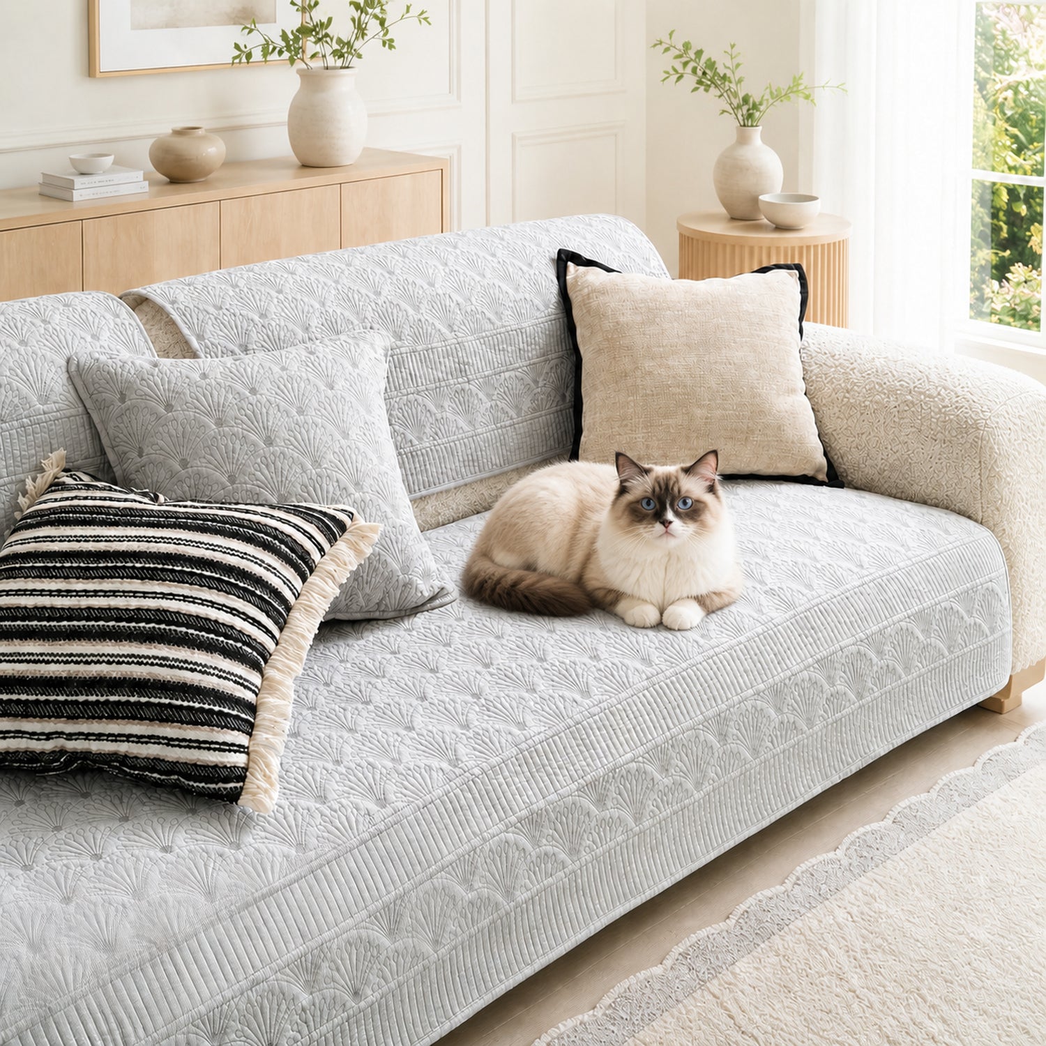Fanleaf Cotton Sofa Protector | Embroidered Non-Slip Machine Washable Cover