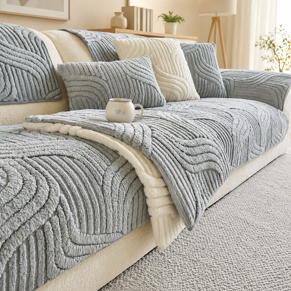 Plush Geometric Sofa Protector | Soft Textured Non-Slip Washable Cover