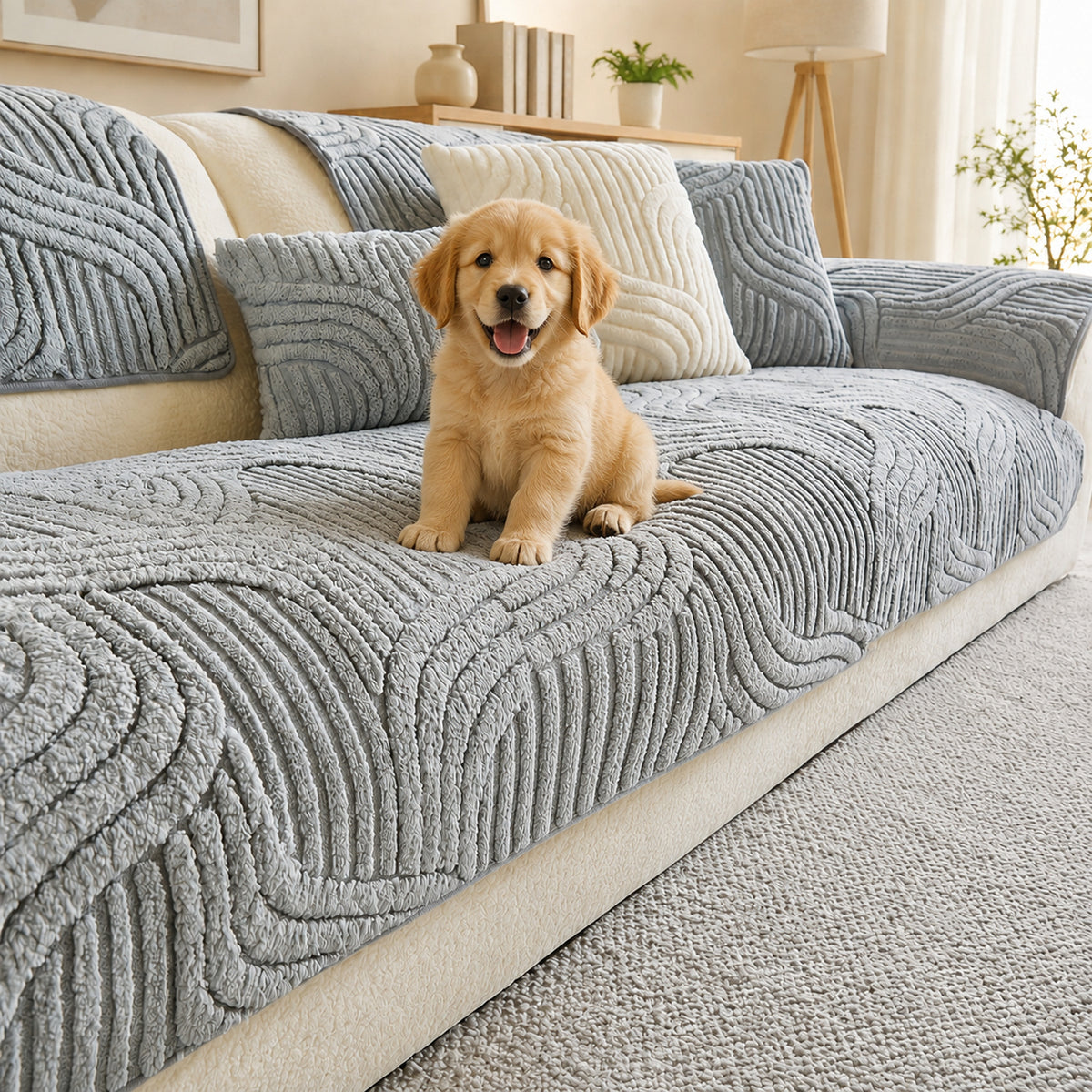 Plush Geometric Sofa Protector | Soft Textured Non-Slip Washable Cover