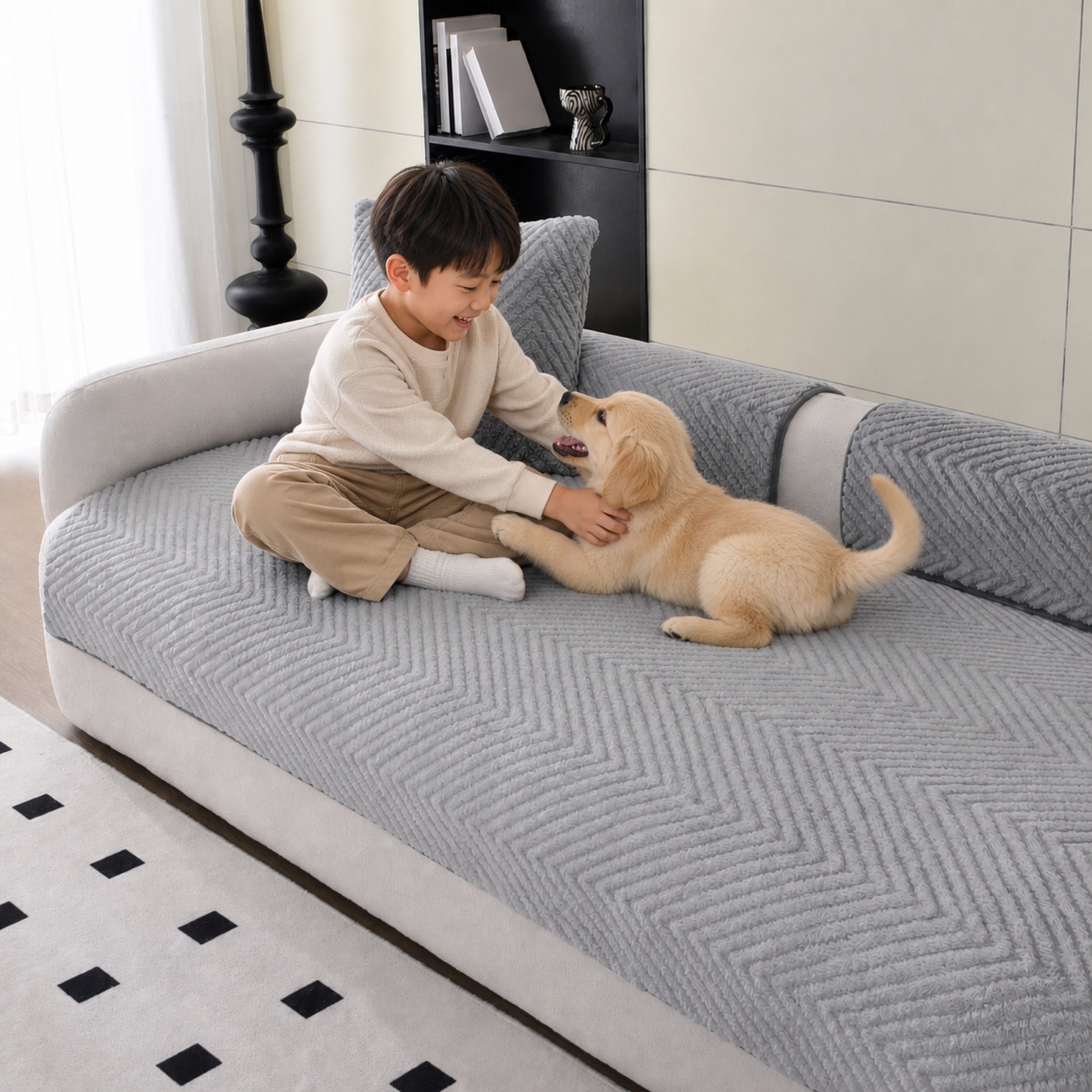 Thickened Plush Herringbone Sofa Cover with child and puppy lifestyle image 1
