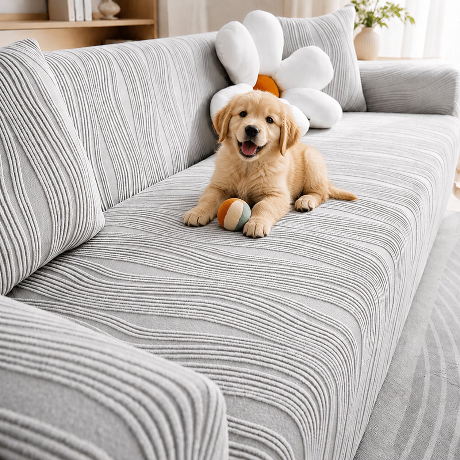 Ribbed Jacquard Stretch Sofa Protector | Knitted Fleece Full-Coverage Cover