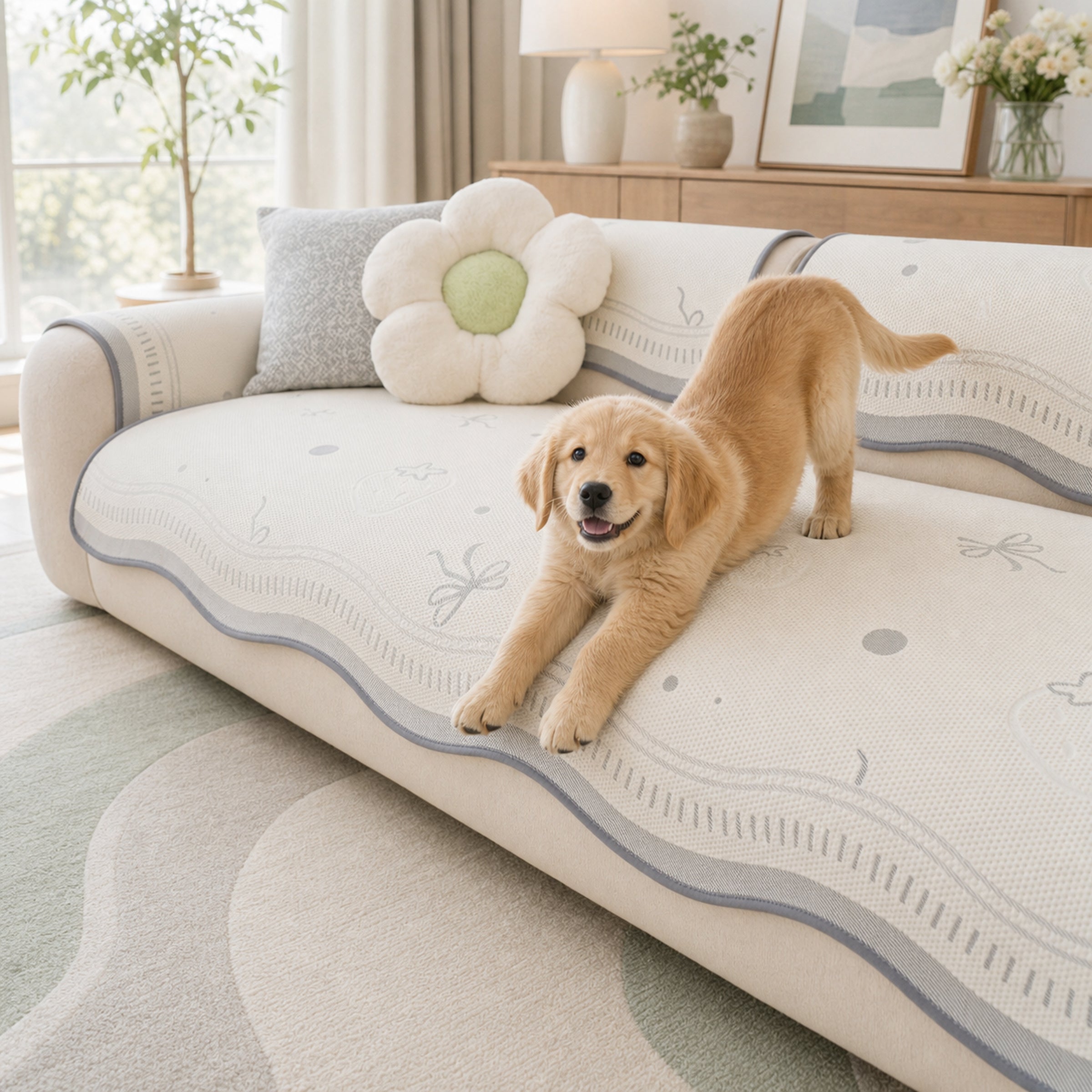 Floral & Bow Cooling Sofa Cover | Breathable Anti-Slip Pet Couch Mat