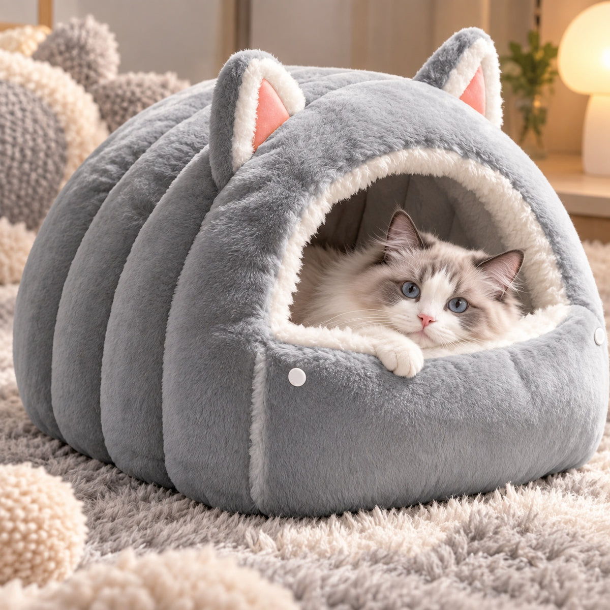 Cat Bed | Cosy Cat Ear Cave | Soft Plush & Fold-Down Front