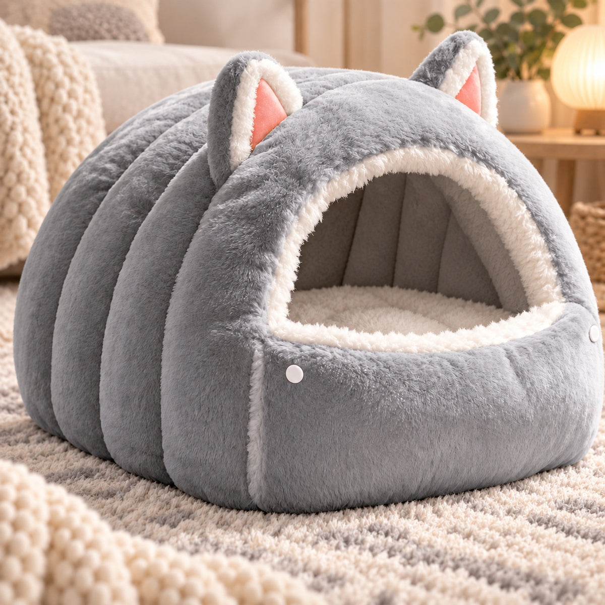 Cat Bed | Cosy Cat Ear Cave | Soft Plush & Fold-Down Front