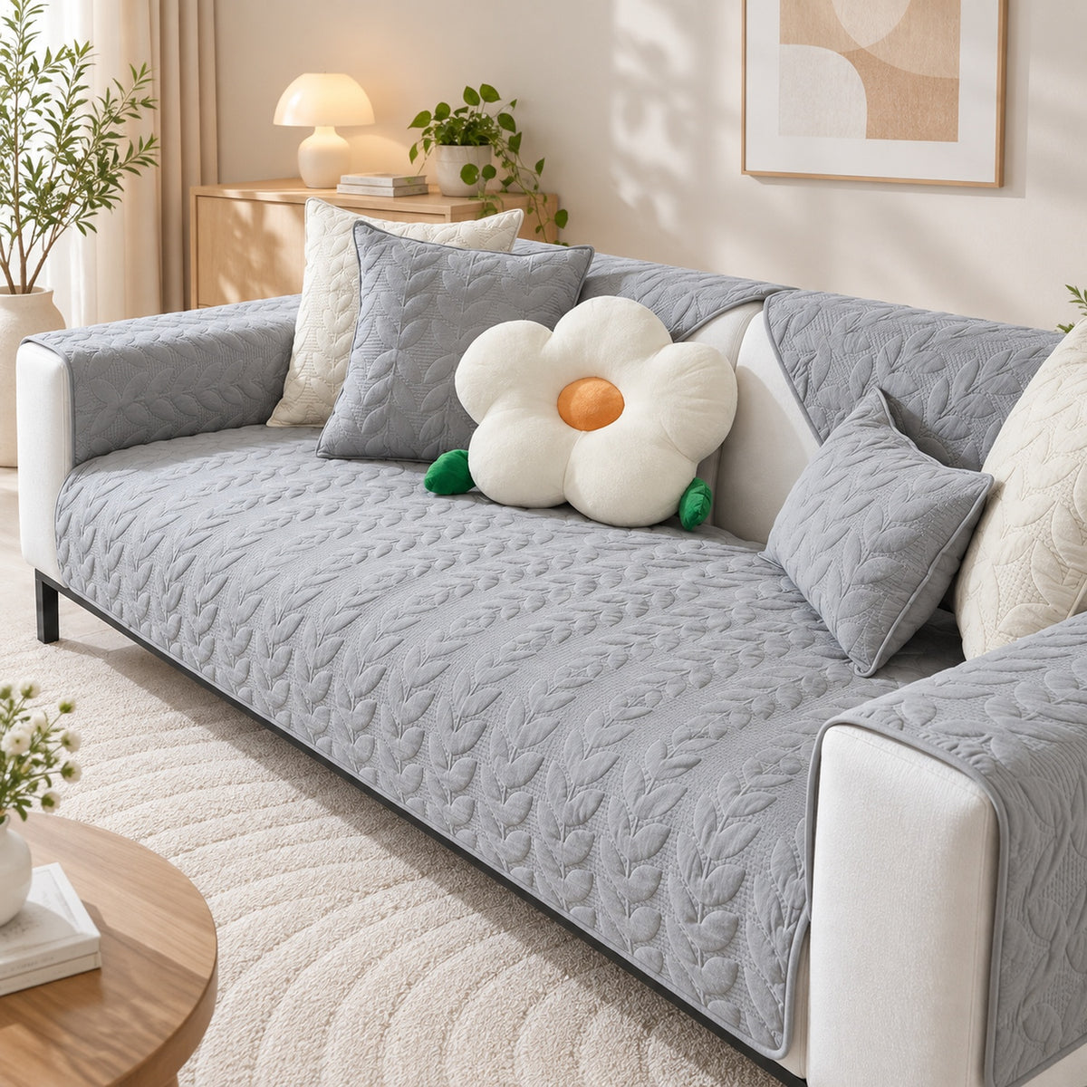 Leafy Vine Sofa Cover | Quilted Cotton | Non-Slip Sofa Protector