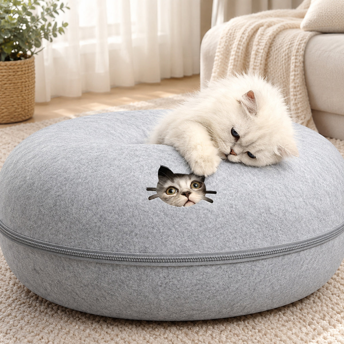 Donut Cat Bed | Felt Tunnel Hideaway with Removable Top