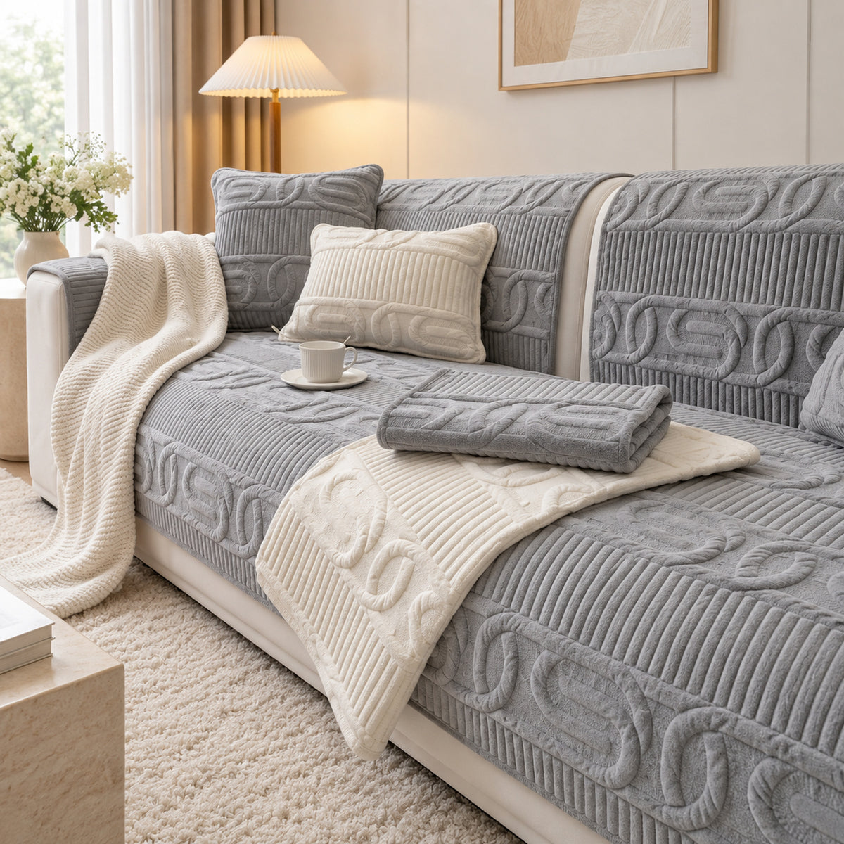 Sofa Cover | Love Lock Quilted Velour | Non-Slip Sofa Protector