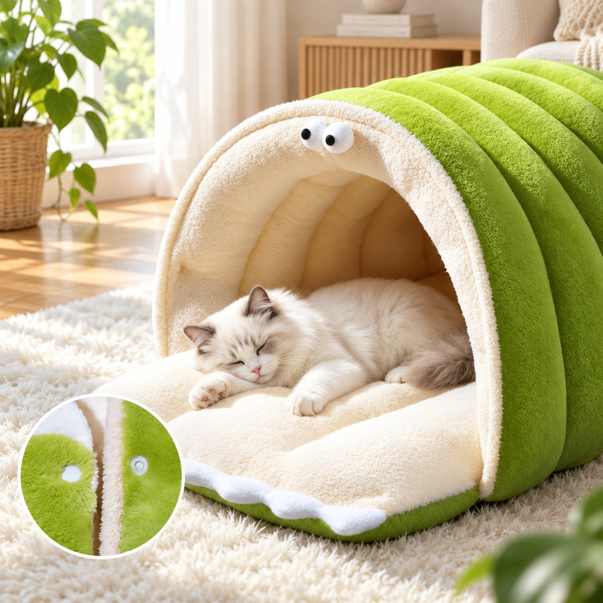 Cat Bed | Snuggle Buddies Plush Cave | Support Rods & Fold-Down Front