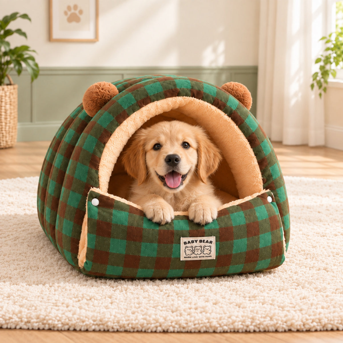Dog Bed & Cat Bed | Cuddle Cabin Plush Cave | Removable Cushion & Fold-Down Front