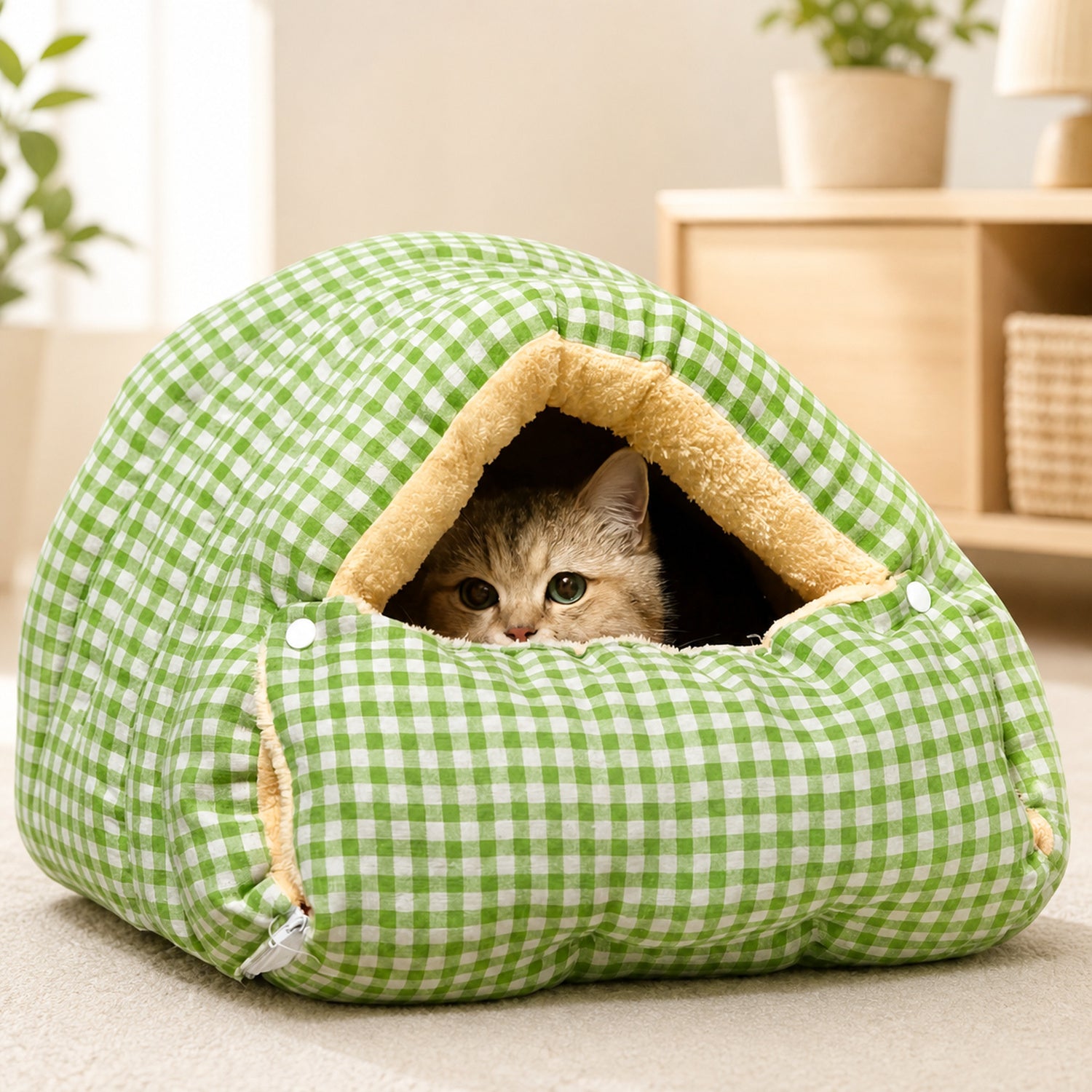 Cosy Gingham Cat Bed | Warm Washable Enclosed Pod with Removable Top
