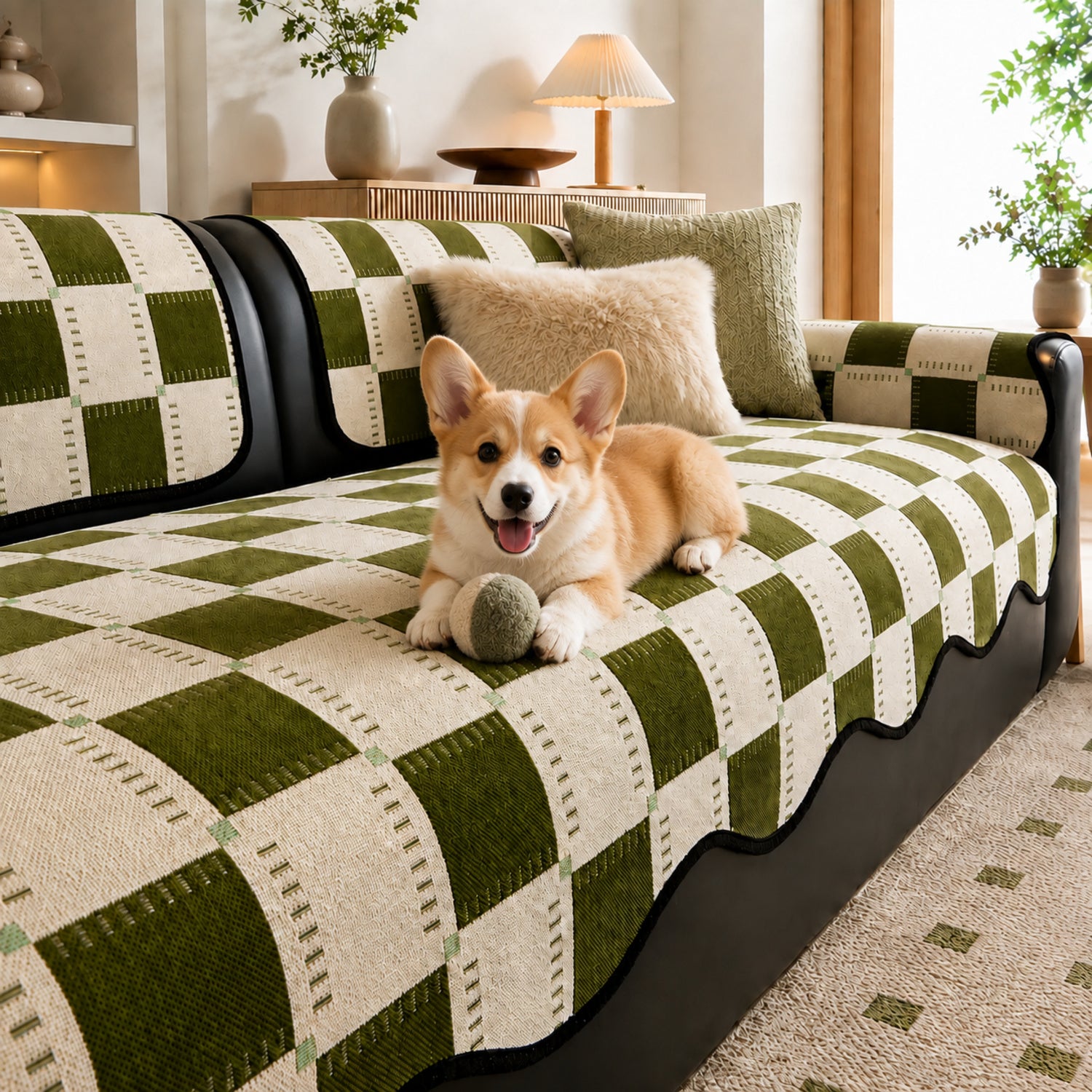 Plaid Chenille Sofa Protector | Scratch-Resistant Non-Slip Washable Cover