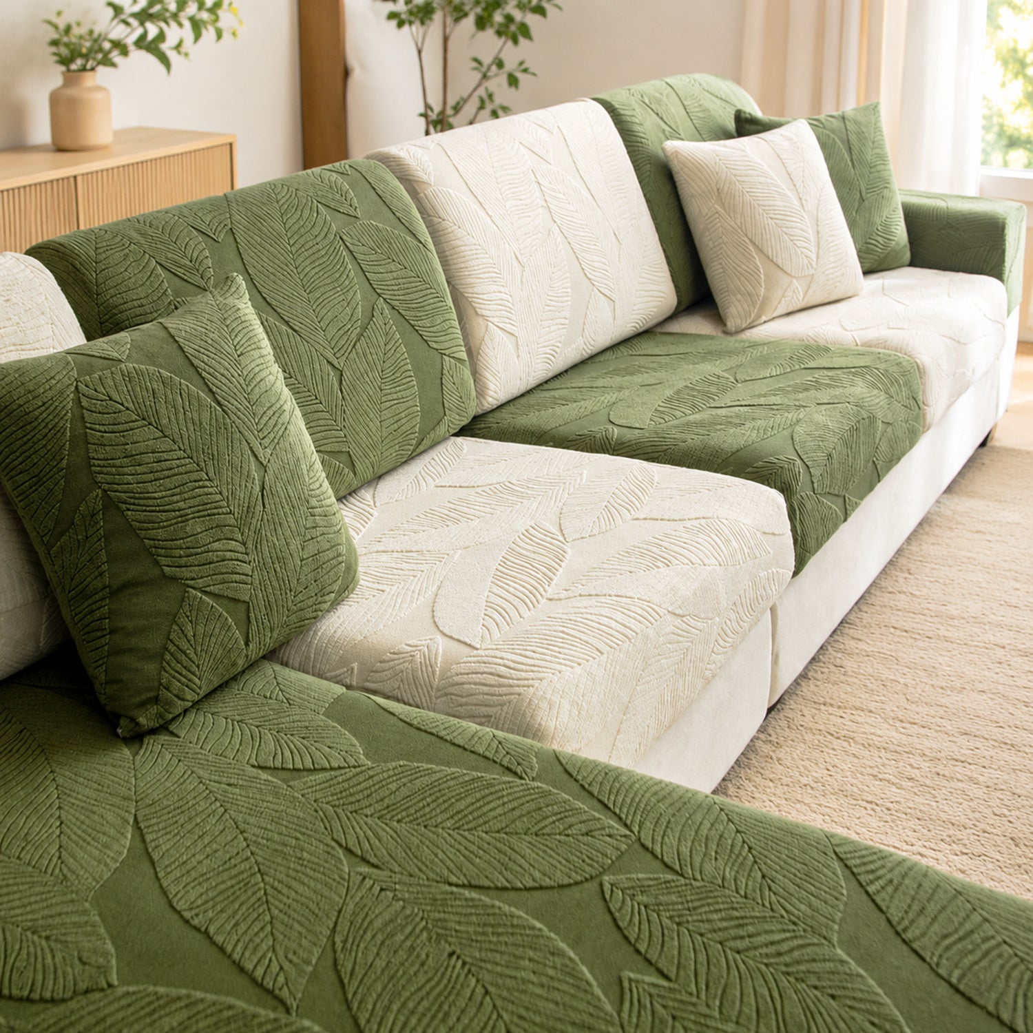 Modern Leaf Jacquard Sofa Cover | Waterproof Stretch Full Wrap | Anti-Scratch Protector | Woofing Deals