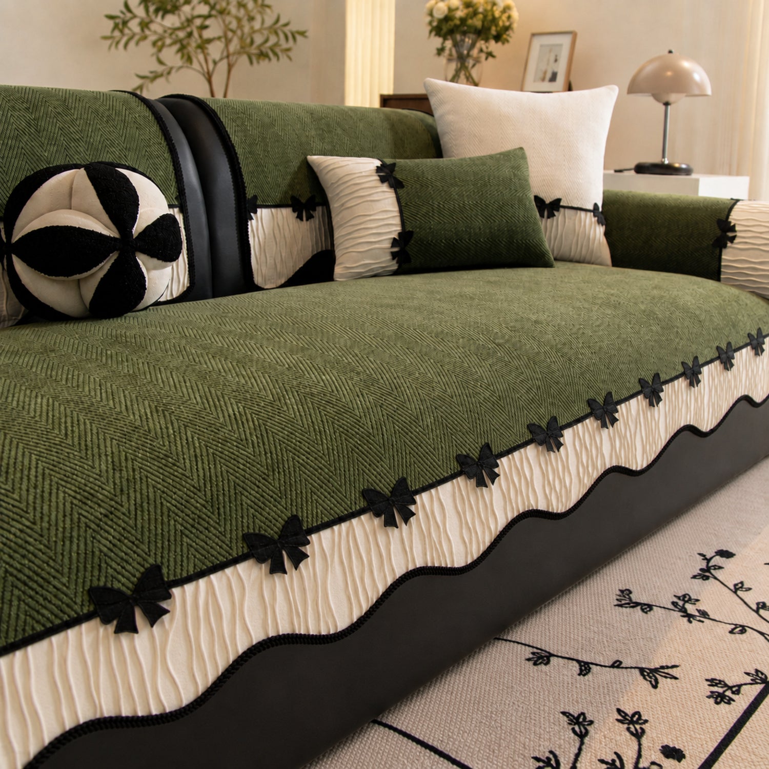 Bow Trim Herringbone Chenille Sofa Cover | Non-Slip Machine-Washable