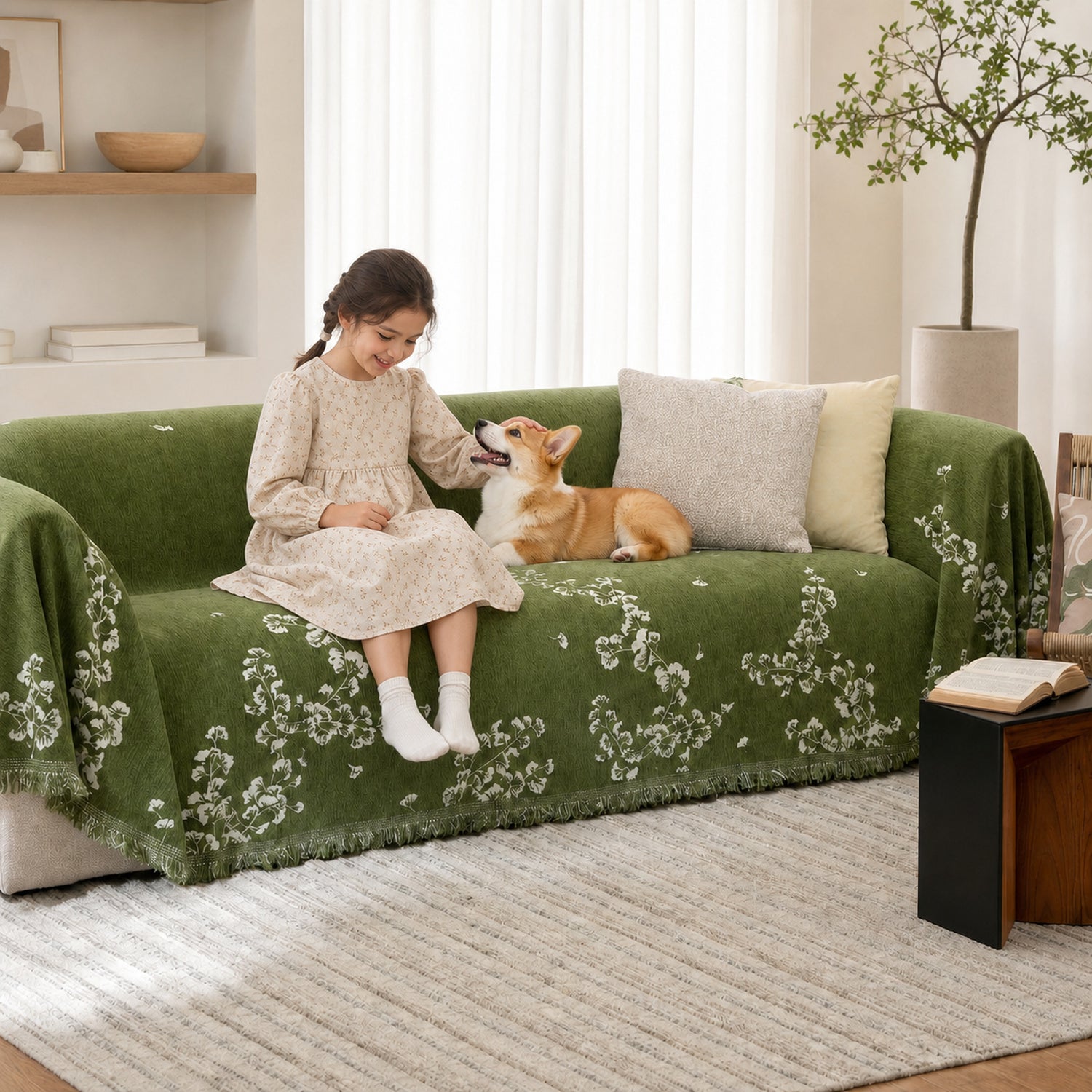 Olive Blossom Sofa Throw | Chenille Machine-Washable All-Season