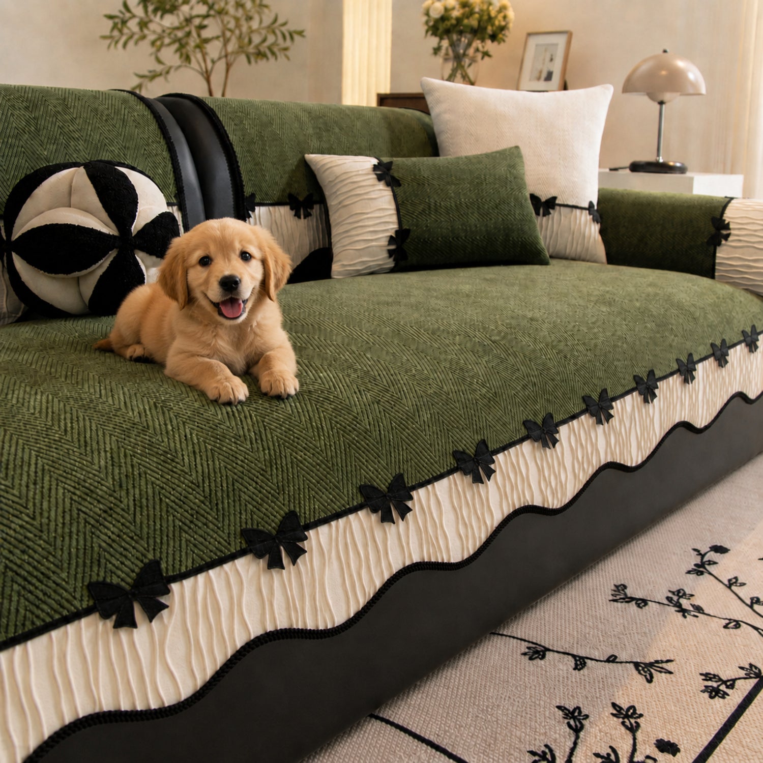 Bow Trim Herringbone Chenille Sofa Cover | Non-Slip Machine-Washable