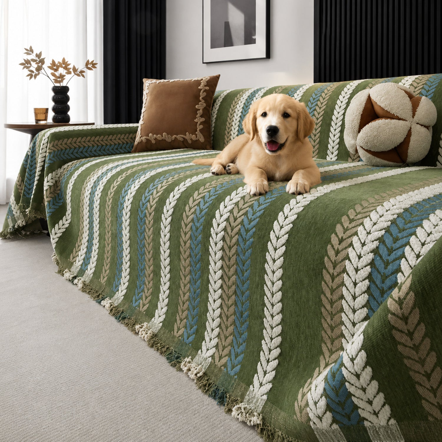 Leaf Pattern Chenille Sofa Cover | One-Piece Throw | Pet Fur & Dust Protection | Machine Washable | Woofing Deals