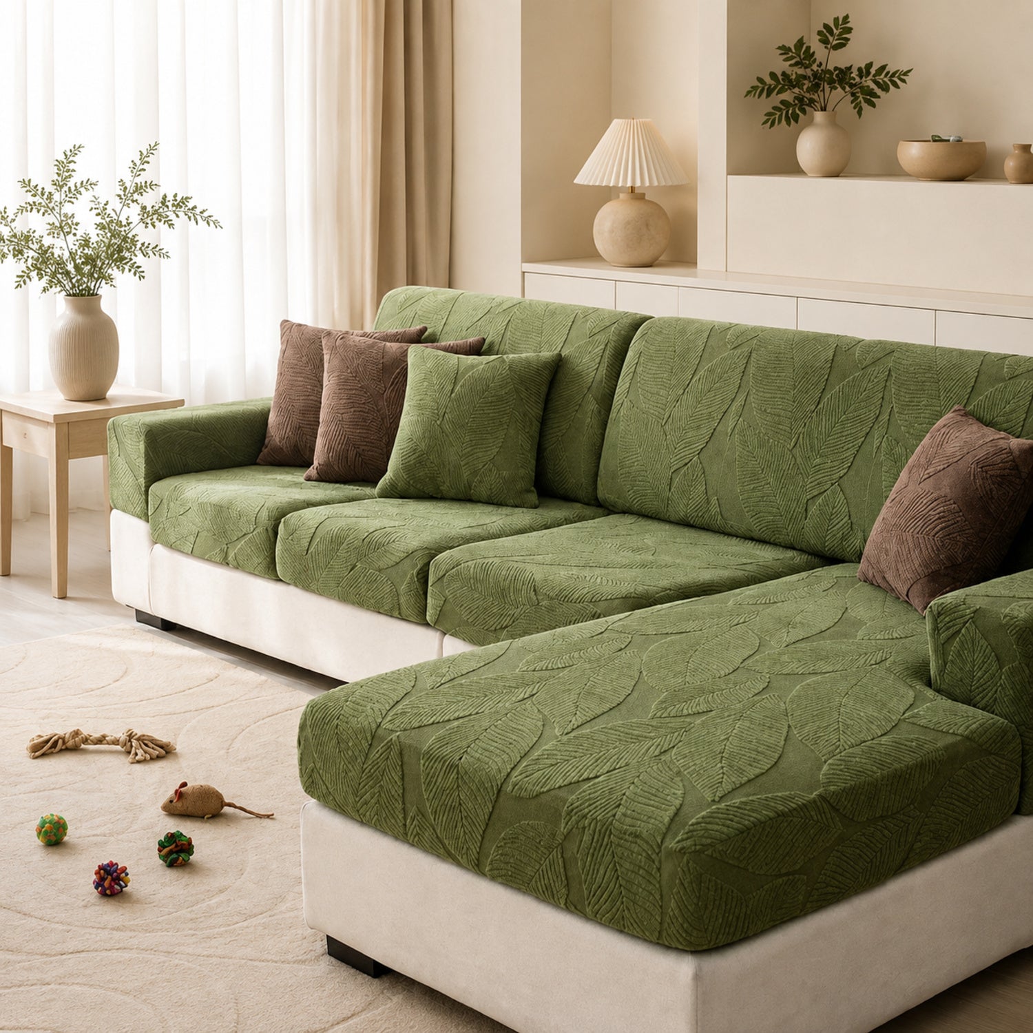 Modern Leaf Jacquard Sofa Cover | Waterproof Stretch Full Wrap | Anti-Scratch Protector | Woofing Deals
