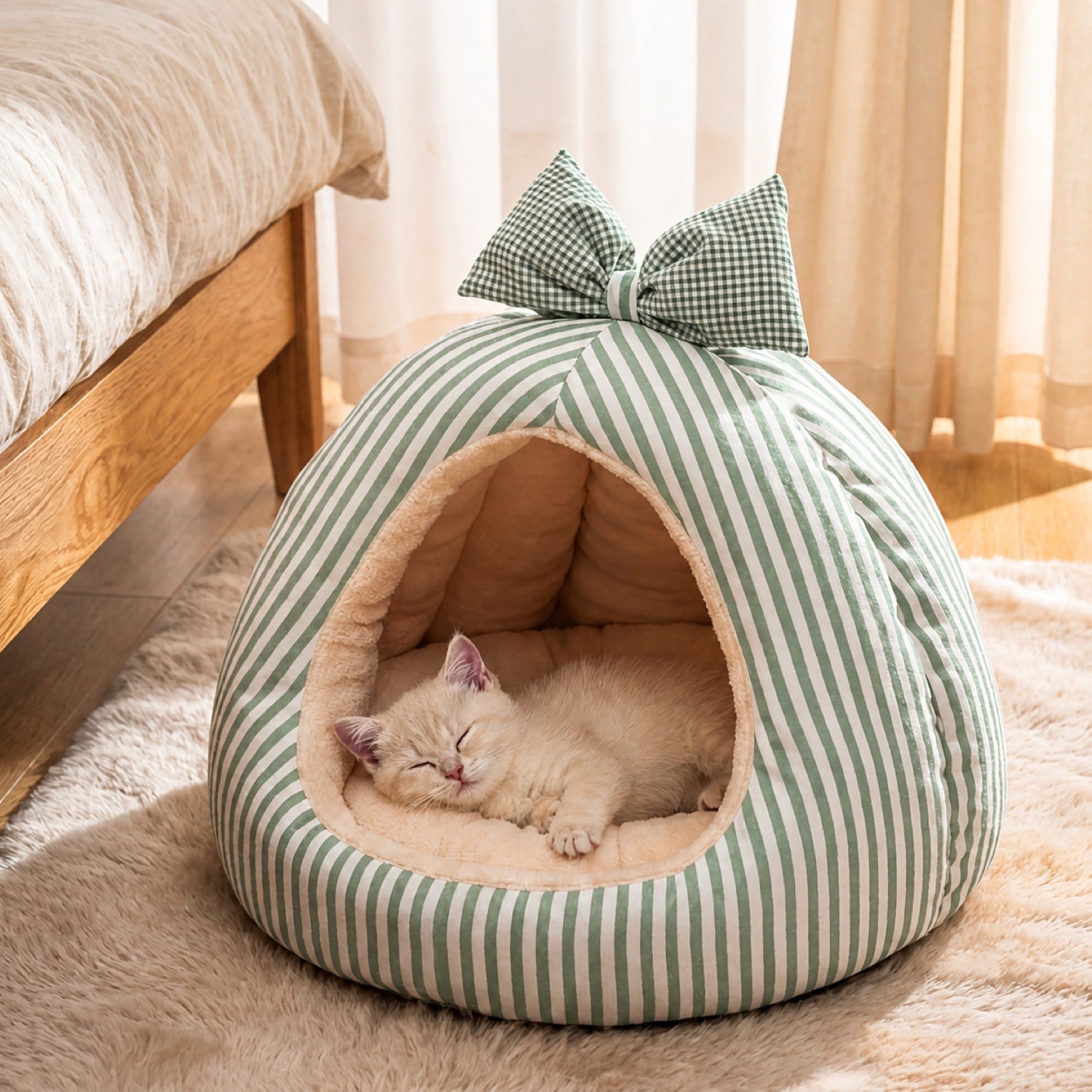 Striped Bow Pet House | Cosy Anti-Slip Machine-Washable Bed