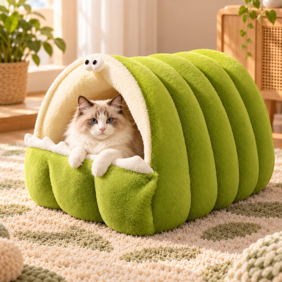 Cat Bed | Snuggle Buddies Plush Cave | Support Rods & Fold-Down Front