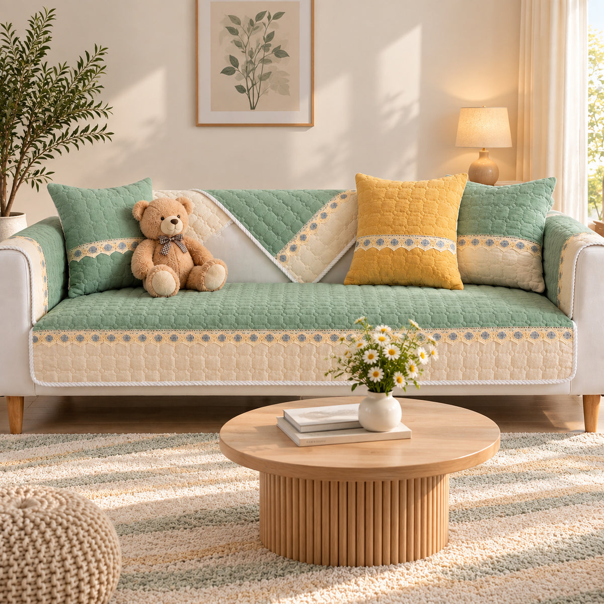 Honeycomb Sofa Cover | Quilted Corduroy | Non-Slip Washable Sofa Protector
