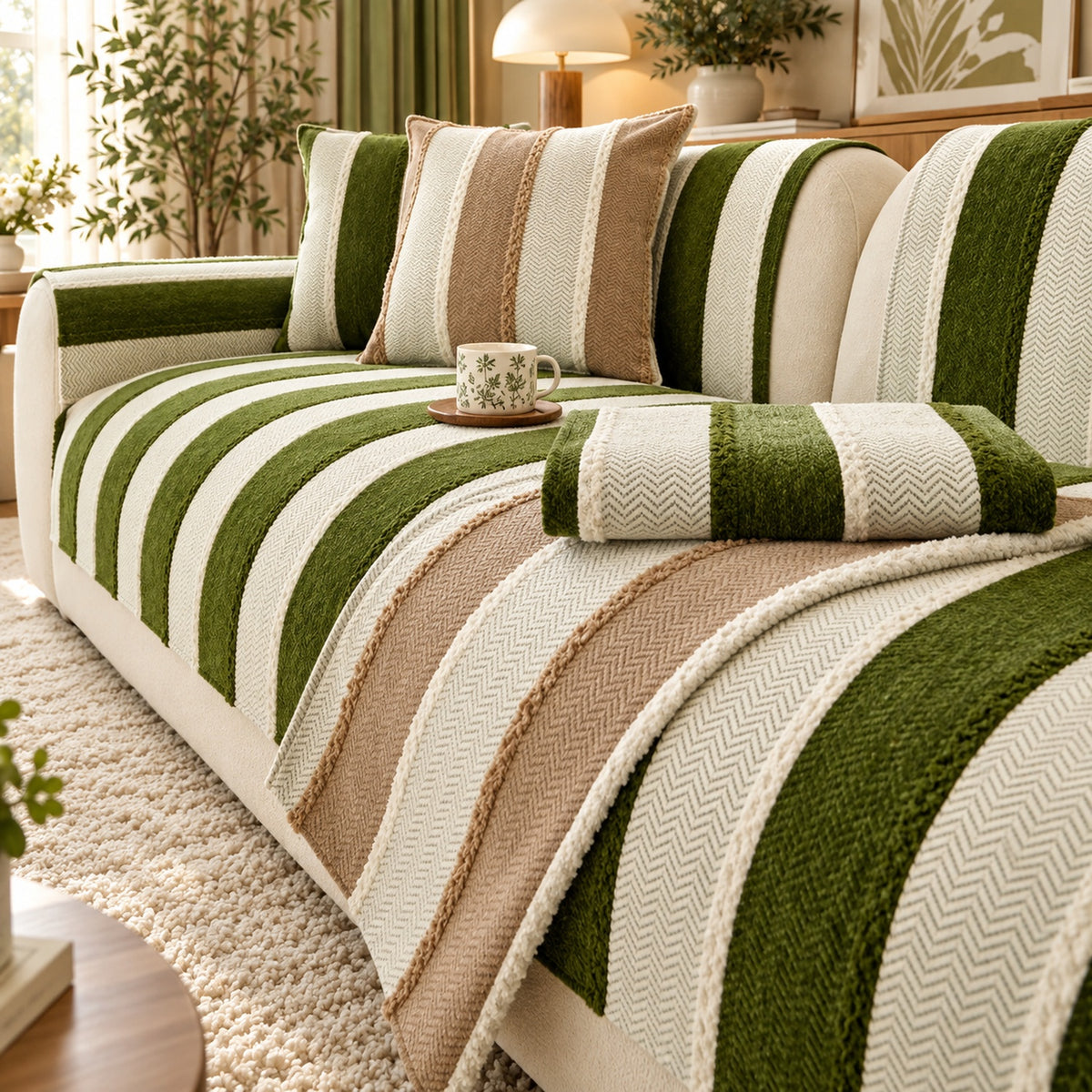 Vintage Striped Sofa Cover | Soft Chenille | Non-Slip, Machine Washable