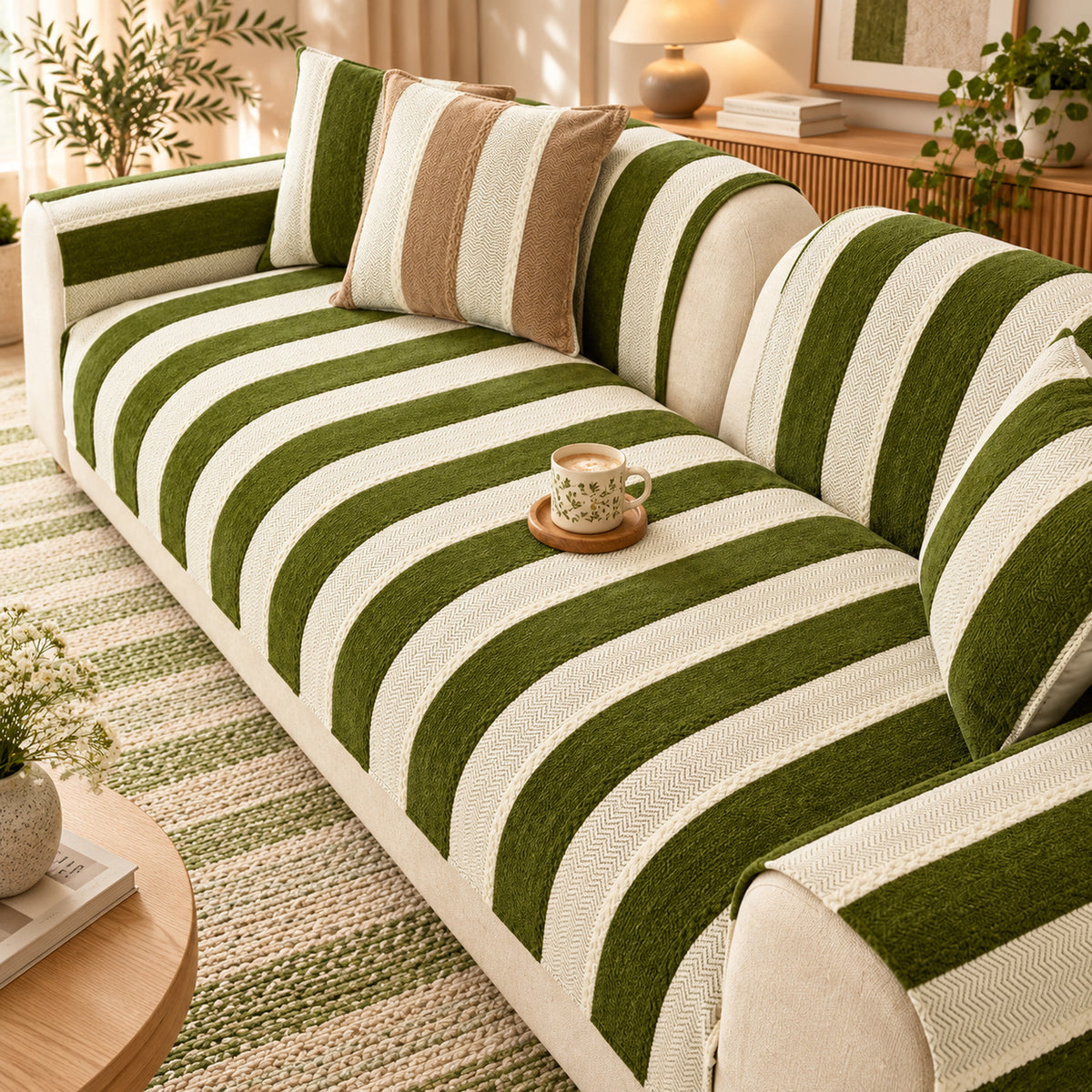 Vintage Striped Sofa Cover | Soft Chenille | Non-Slip, Machine Washable
